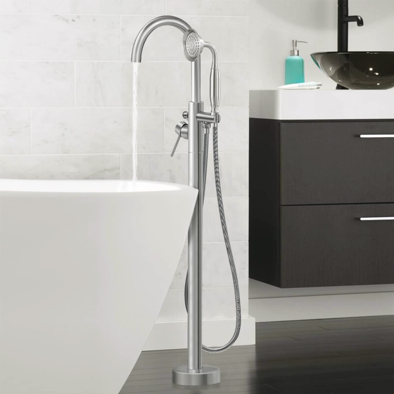 ARRISEA Freestanding Bathtub Faucet with Handheld Shower - Solid Brass Floor Mounted Tub Filler with Single Handle in Brushed Nickel - Perfect for Modern Bathroom & Spa Relaxation