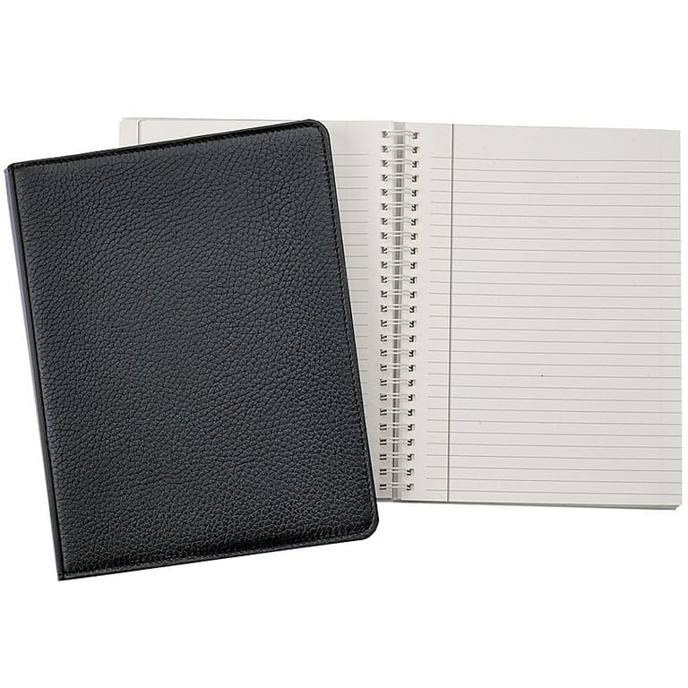 Premium 9-inch Wire-O Notebook - Black Pebble Grain Fine Leather Journal by Graphic Image (7x9) - Perfect for Office, School & Travel Note Taking