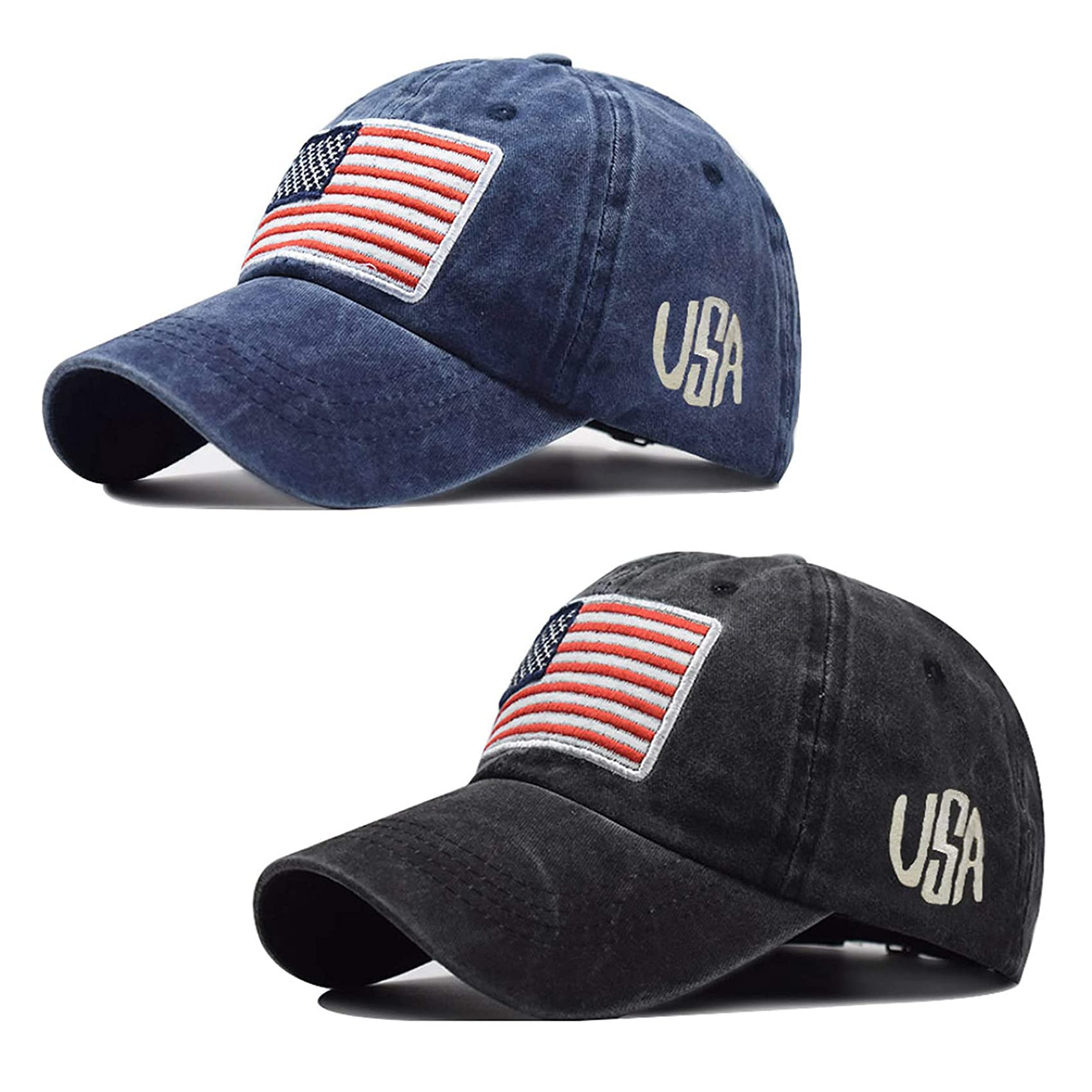 RNFENQS 2 Pack Men's Patriotic Baseball Cap - Adjustable American Flag Dad Hat with Vintage Distressed Look | Perfect for 4th of July, Memorial Day & Outdoor Activities