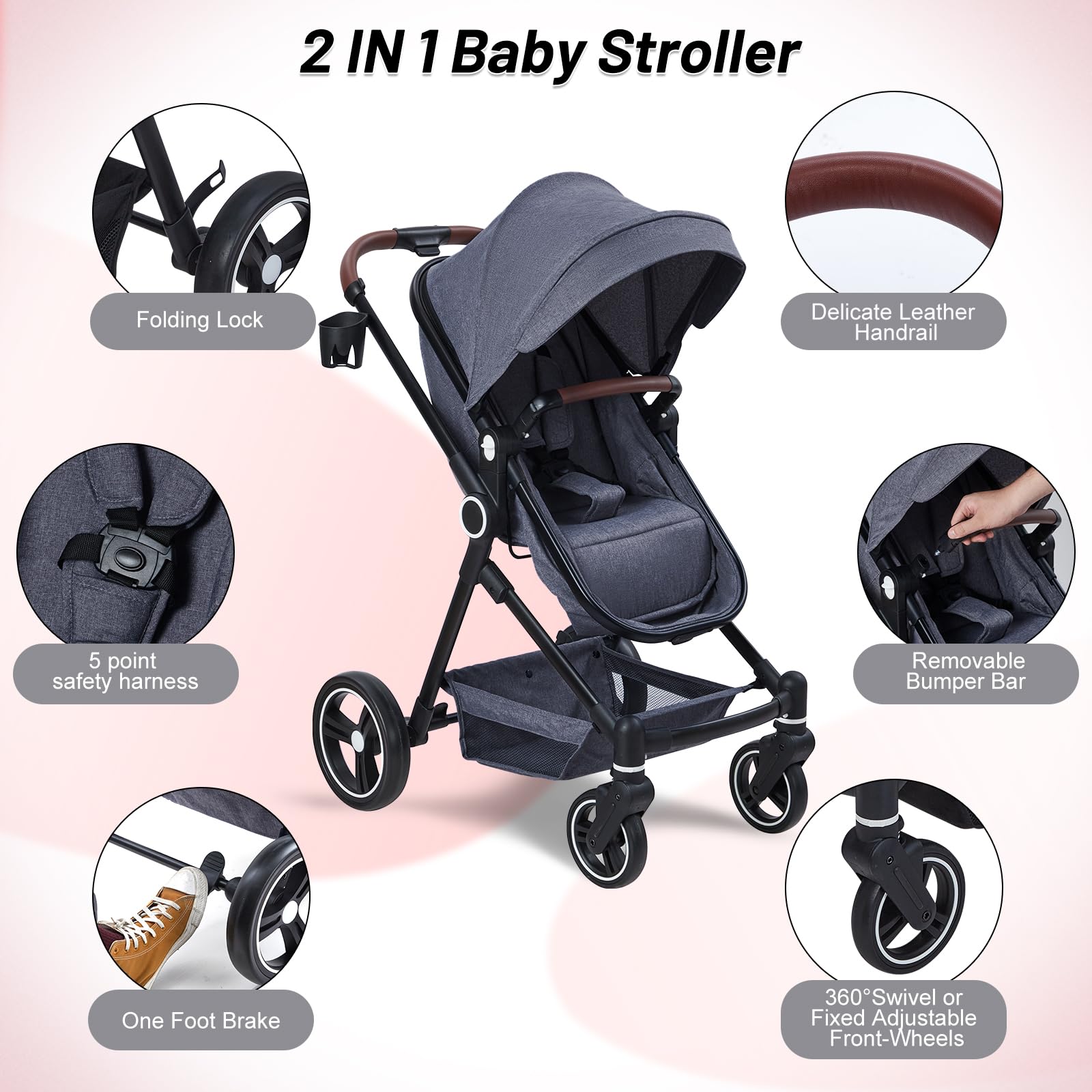 2 in 1 Baby Stroller for Newborn to Toddler (0-3 Years) - Convertible Bassinet Stroller with Large Storage Basket, Shock Absorption & Removable Seat - Perfect for Shopping, Travel & Daily Walks with Cup Holder & Parent Tray