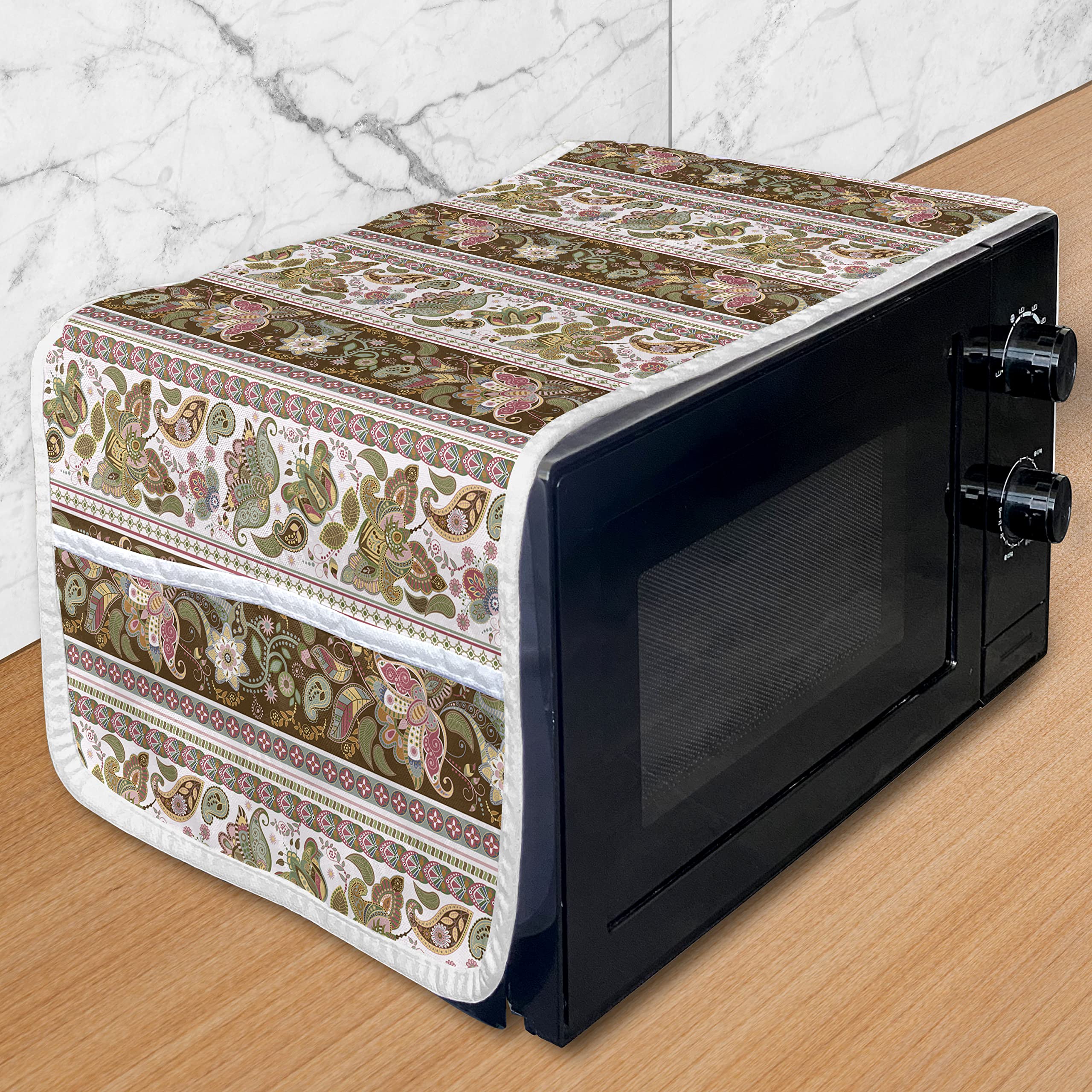 Ambesonne Oriental Microwave Oven Cover - Classic Eastern Floral Boho Print with Paisley Leaves in Green & Blush, Water-Resistant Kitchen Organizer with Pockets, 36