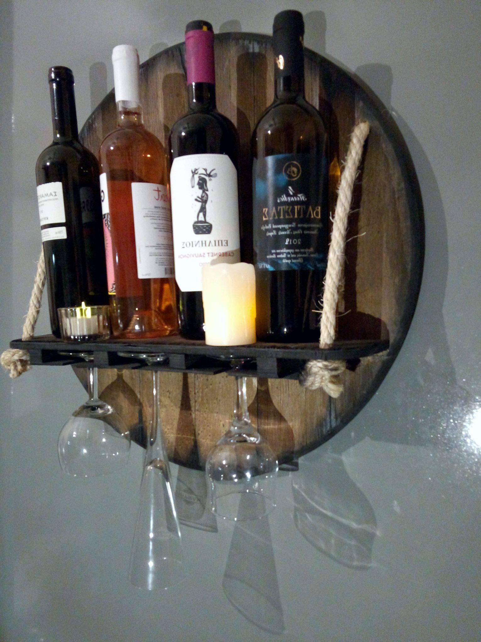 Wall Mounted Wine Rack - Rustic Wood Liquor Bottle Storage Shelf Inspired by Whiskey Barrels | Hanging Glass Holder for Kitchen, Dining Room, Bar & Cellar | Perfect Housewarming Gift & Home Decor for Wine Enthusiasts