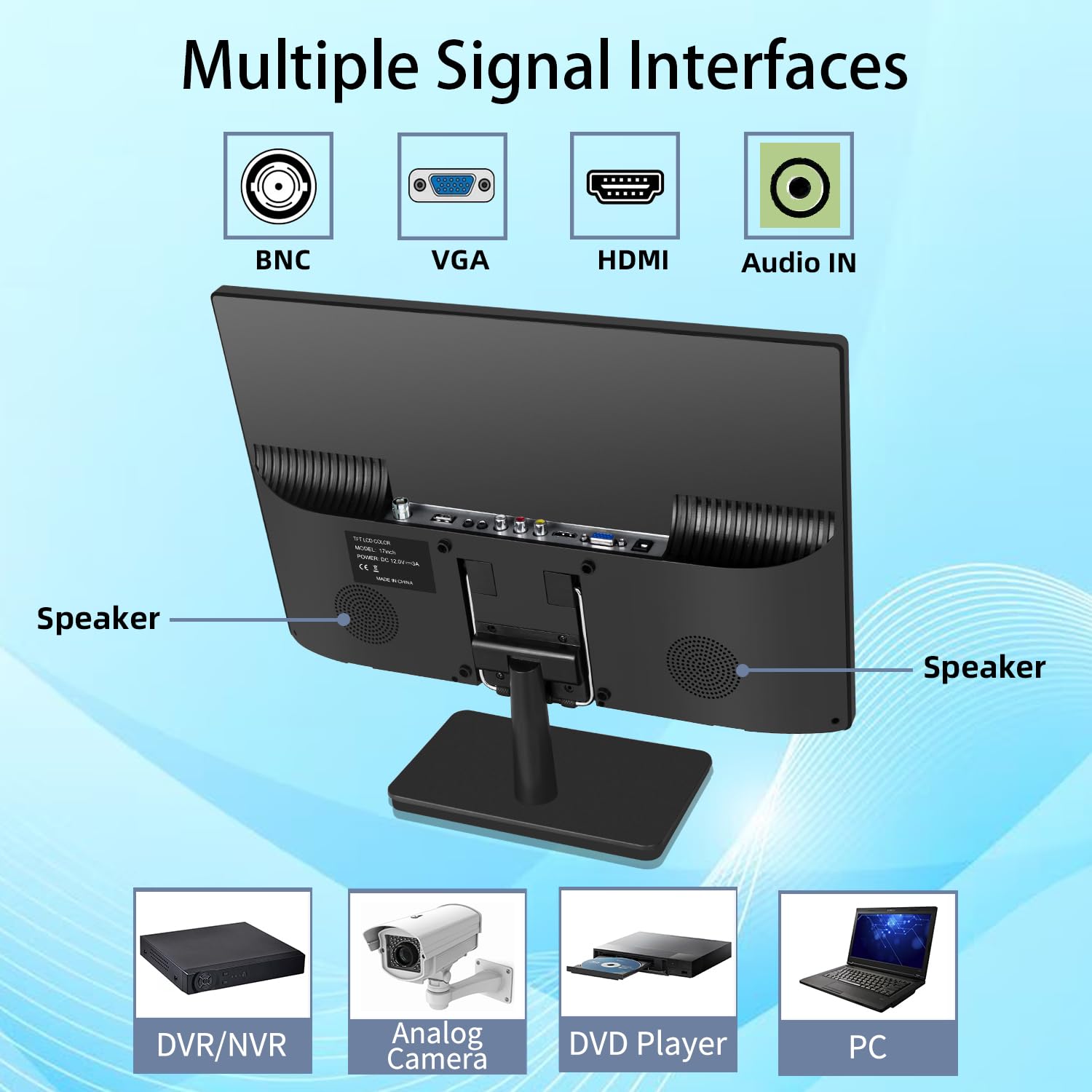17 Inch Security Monitor with Wall Mount - Full HD CCTV Display with USB, AV/HDMI/VGA Inputs & Headphone Output - Built-in Speakers & Remote Control - Ideal for Home Surveillance, Office Security & Retail Monitoring Systems