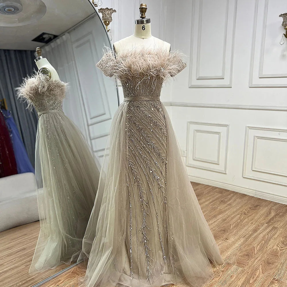 Luxury Dubai Saudi Arabic Beaded Caramel Mermaid Evening Gown with Overskirt - Elegant Formal Dress for Weddings, Galas & Special Occasions LA71634A