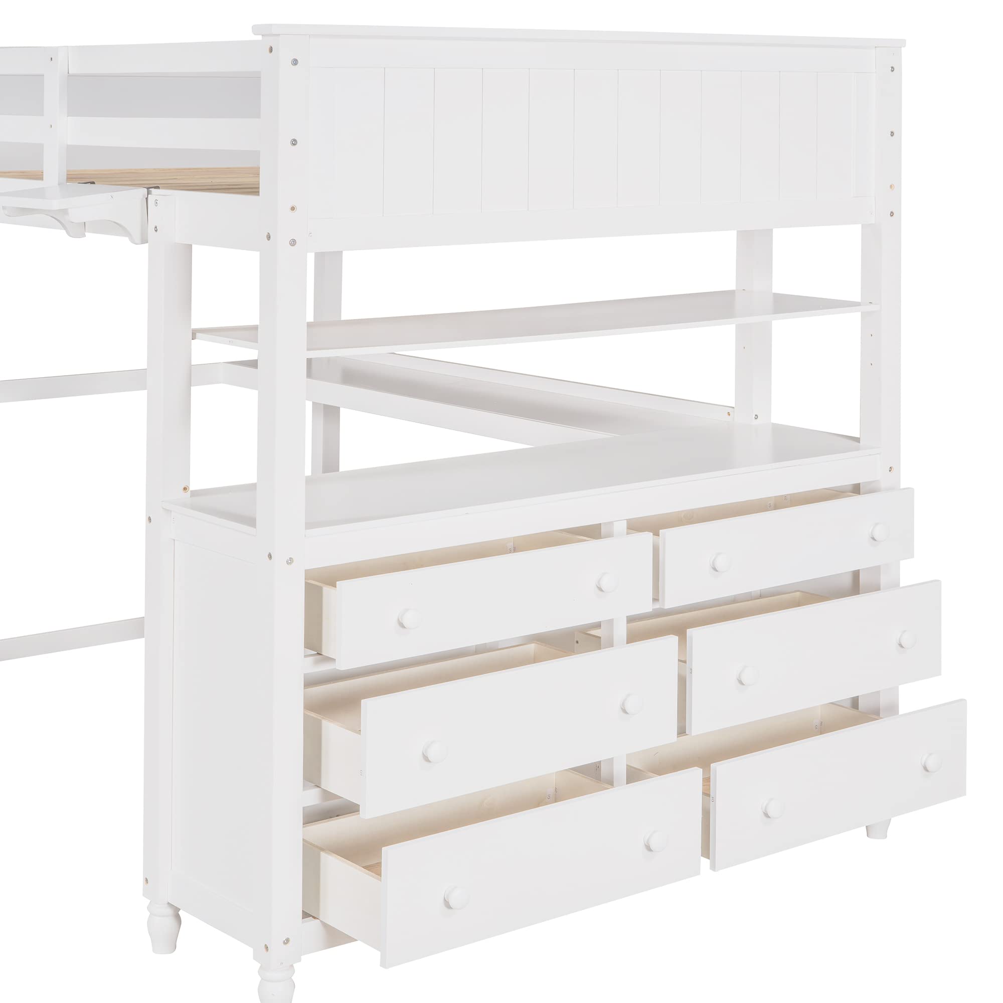 Full Size Wooden Loft Bed Frame with 6 Storage Drawers, Shelves, Desk & Safety Ladder - Sturdy Kids Bedroom Furniture for Small Spaces - Perfect for Teens, College Dorms & Tiny Homes (White)