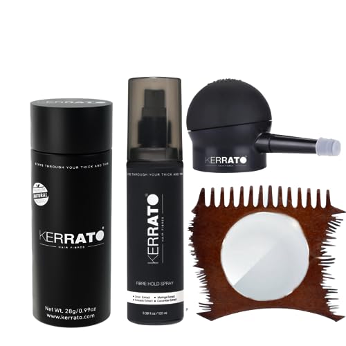 Kerrato Hair Fiber Combo Kit - 28gm Medium Brown Hair Fibers & 100ml FiberHold Spray | Includes Optimizer Comb & Pump | For Thinning Hair & Bald Spot Coverage | Perfect for Men & Women