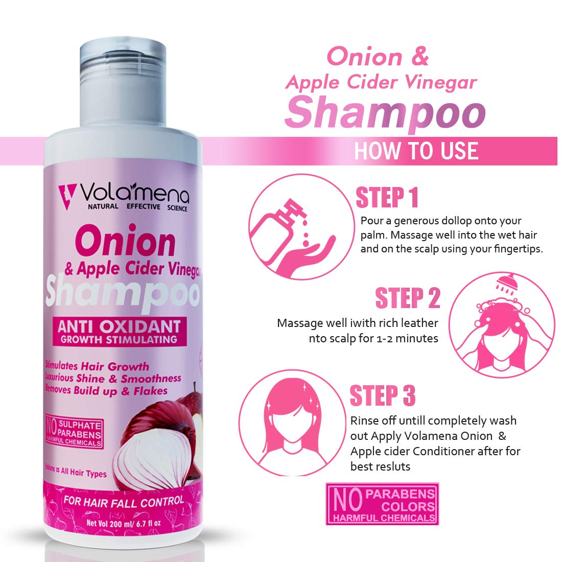 Volamena Onion & Apple Cider Vinegar Shampoo for Hair Growth & Hair Fall Control - 200ml | Natural Hair Care for Thicker, Stronger Hair | Perfect for Daily Use & Scalp Health