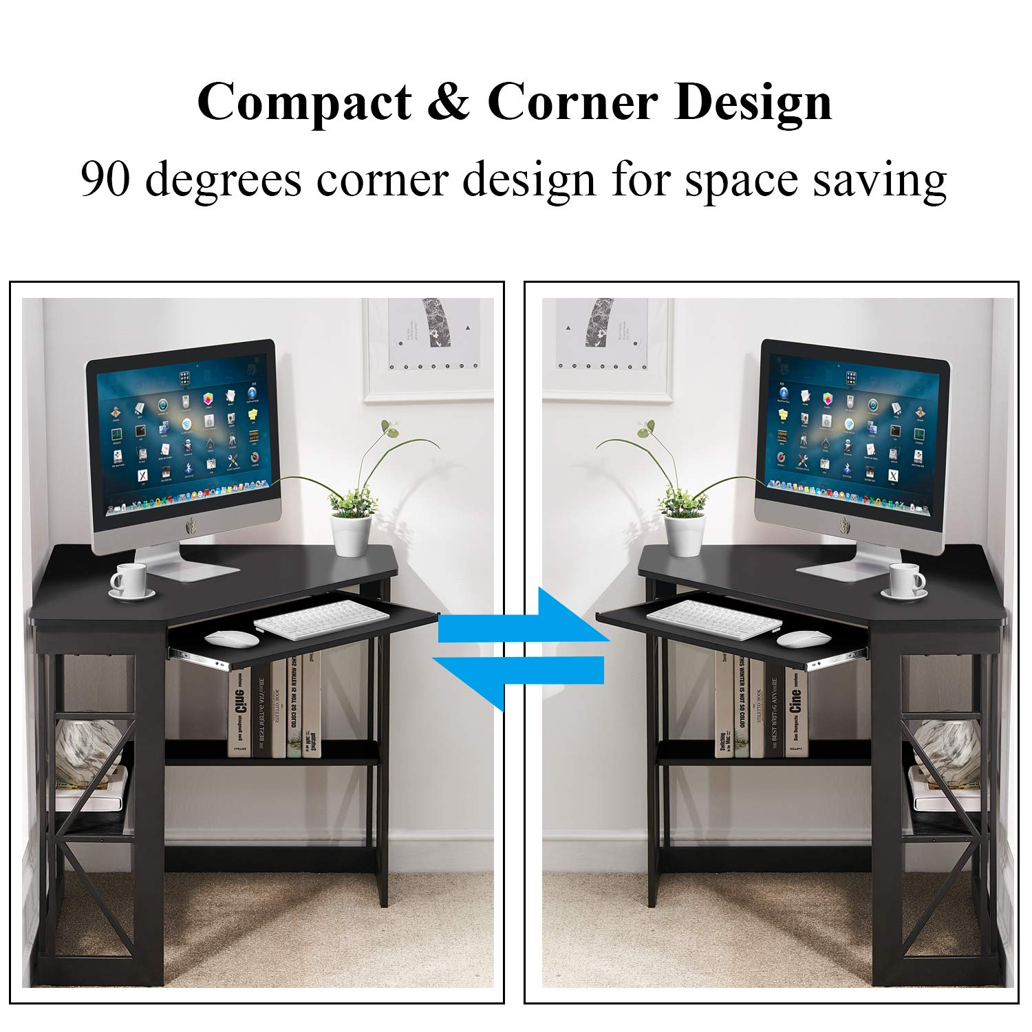 VECELO Compact Corner Desk with Keyboard Tray & Storage Shelves - Black Triangle Computer Desk for Home Office, Gaming & Small Spaces | Writing Table with Smooth Surface & Ergonomic Design