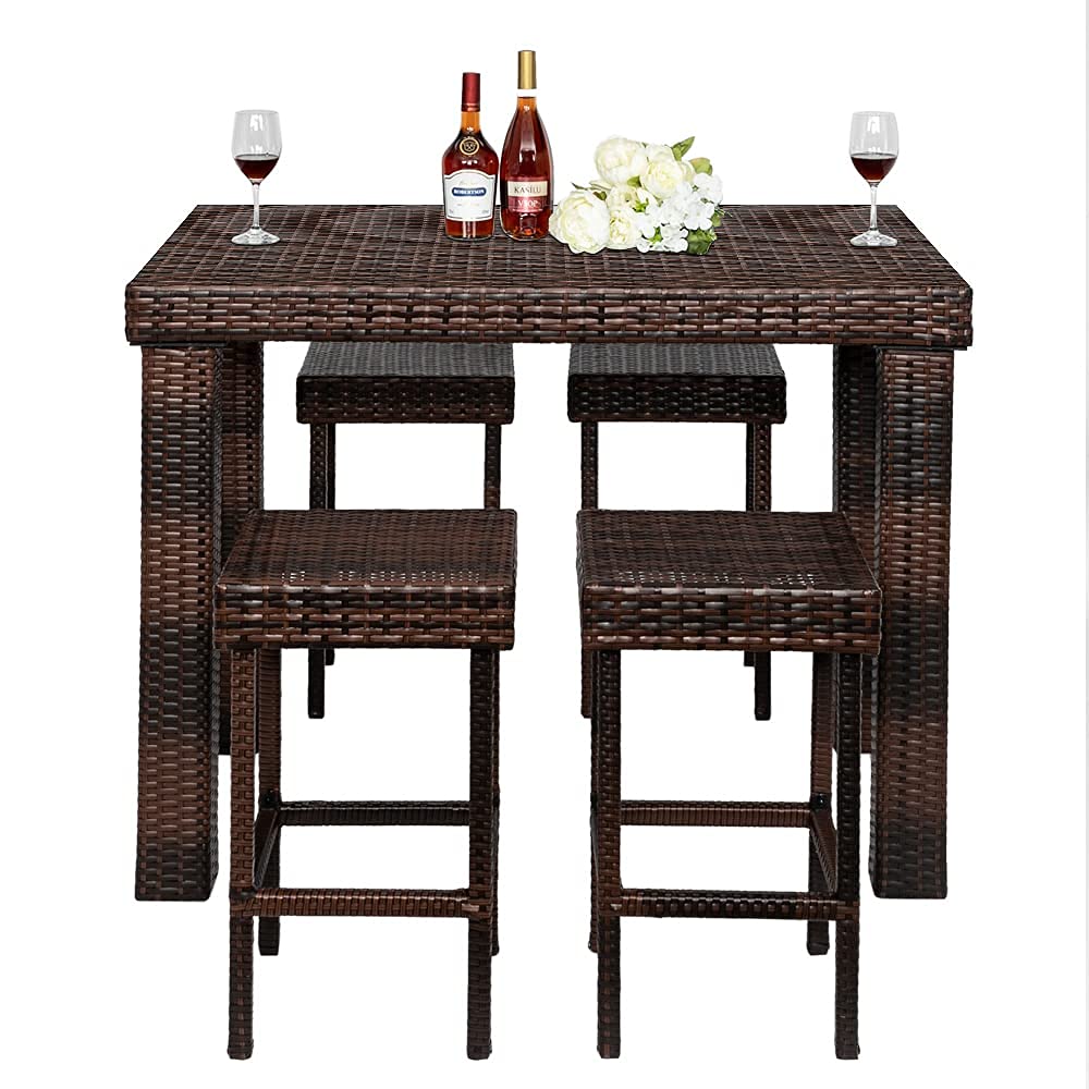 SSLine 5-Piece Outdoor Bar Table Set - Brown Wicker Rattan Pub Table with 4 Backless Bar Stools - Patio Dining Furniture for Backyard, Deck, Garden & Poolside Entertaining