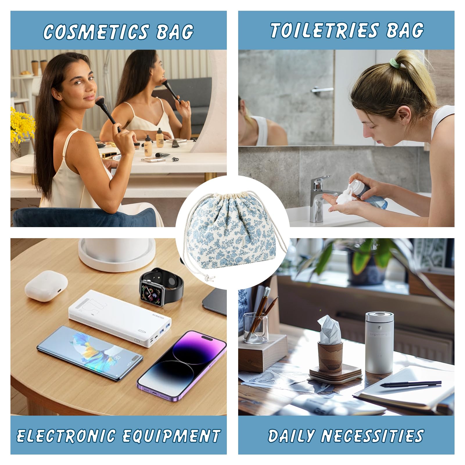 Quilted Cotton Makeup Bag for Women - Large Cute Aesthetic Blue Floral Cosmetic Pouch | Portable Drawstring Travel Toiletry Organizer | Perfect for Purse, Skincare, Gym & Vacation Essentials