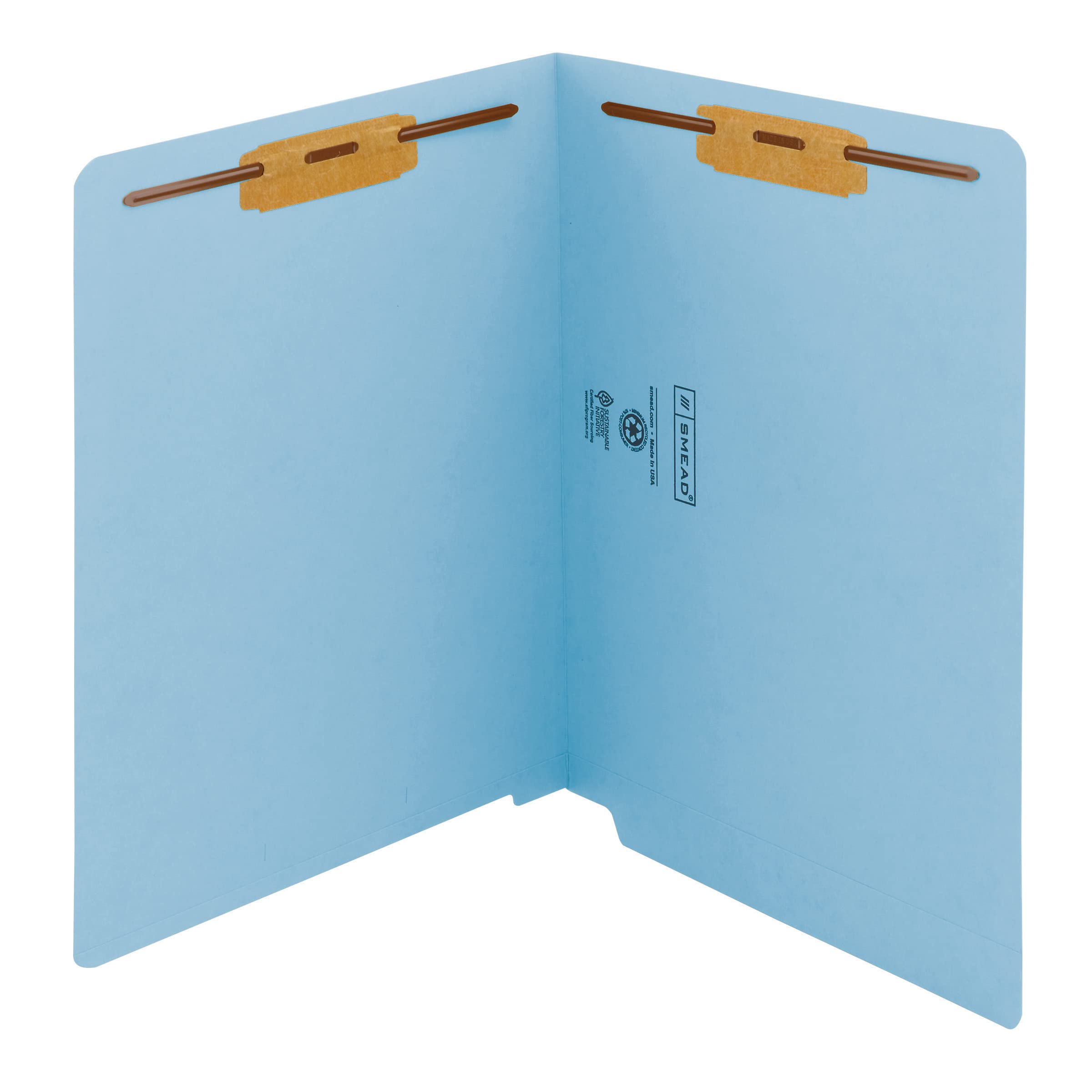 Smead Watershed CutLess End Tab Fastener File Folder - Reinforced Straight-Cut Tab, 2 Fasteners, Letter Size, Blue, 50 per Box (25050) - Perfect for Office Organization & Document Filing