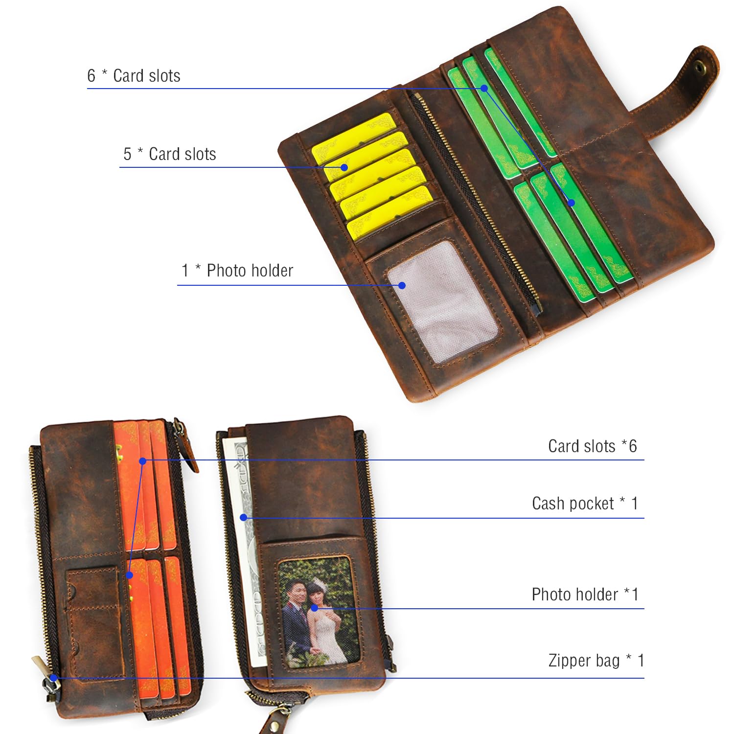 Authentic Crazy Horse Leather RFID Blocking Wallet for Men - Slim Travel Card Holder with Snap Closure & Detachable Chain - Perfect for Everyday Use, Business Trips, and Gift Giving (1803 Brown)