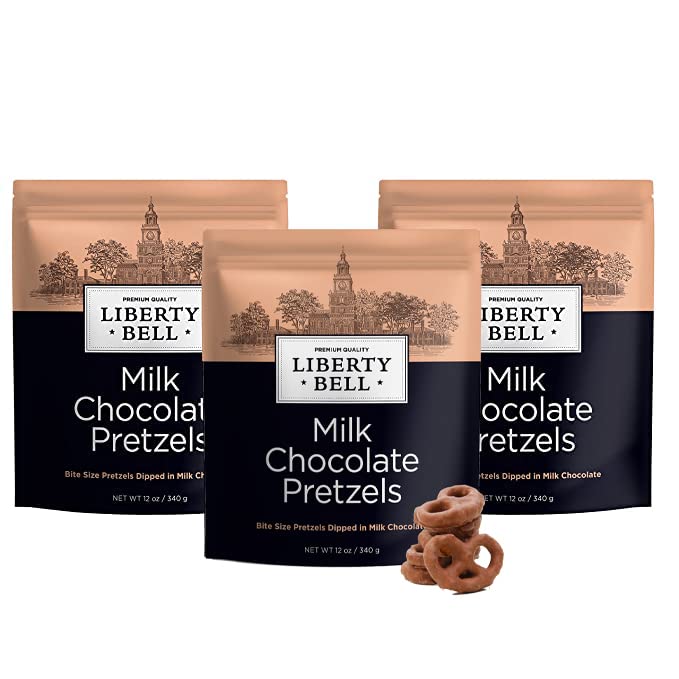 Liberty Bell Milk Chocolate Covered Pretzels - Crunchy Mini Pretzels Dipped in Rich Milk Chocolate - 12oz Resealable Bag (3-Pack) - Perfect for Parties, Gifts & Snacking