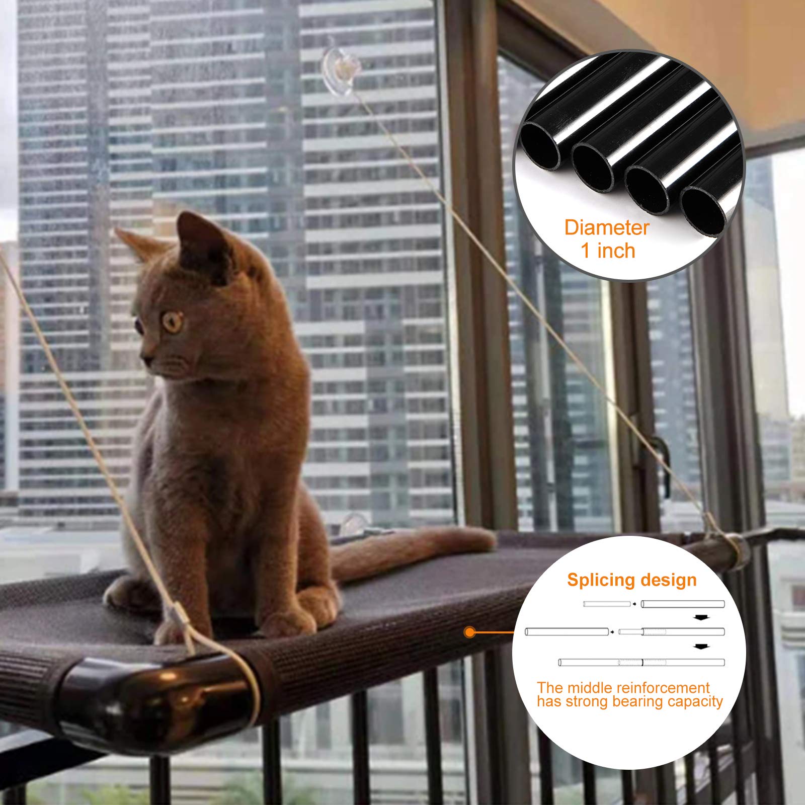 **Sturdy Cat Window Perch Hammock with Reinforced Pipes & 4 Suction Cups - Holds Up to 30 lbs, Space-Saving Window Bed for Indoor Cats - Perfect for Sunbathing & Bird Watching**