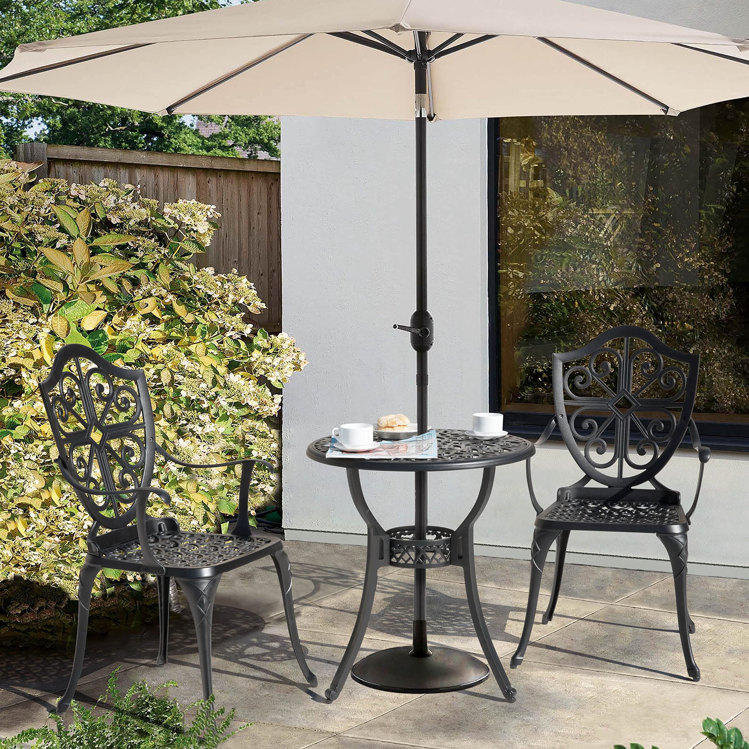 Nuu Garden 3-Piece Outdoor Bistro Set - Cast Aluminum Patio Table & 2 Chairs with Umbrella Hole - Perfect for Backyard, Garden, and Small Balcony Dining