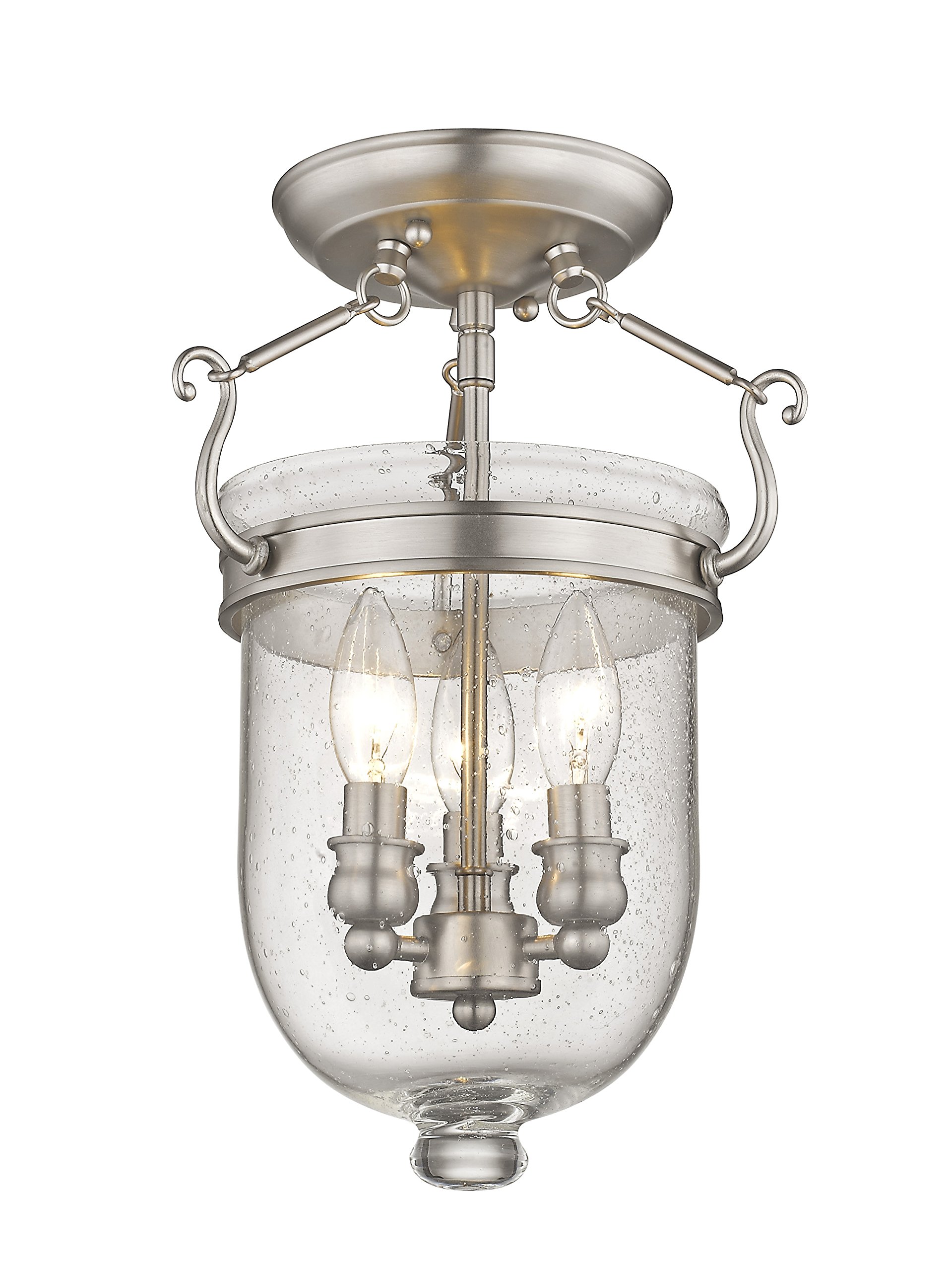 Livex Lighting Jefferson 3-Light Brushed Nickel Semi-Flush Mount Bell Jar Chandelier with Seeded Glass - Perfect for Dining Room, Bedroom, or Entryway Lighting