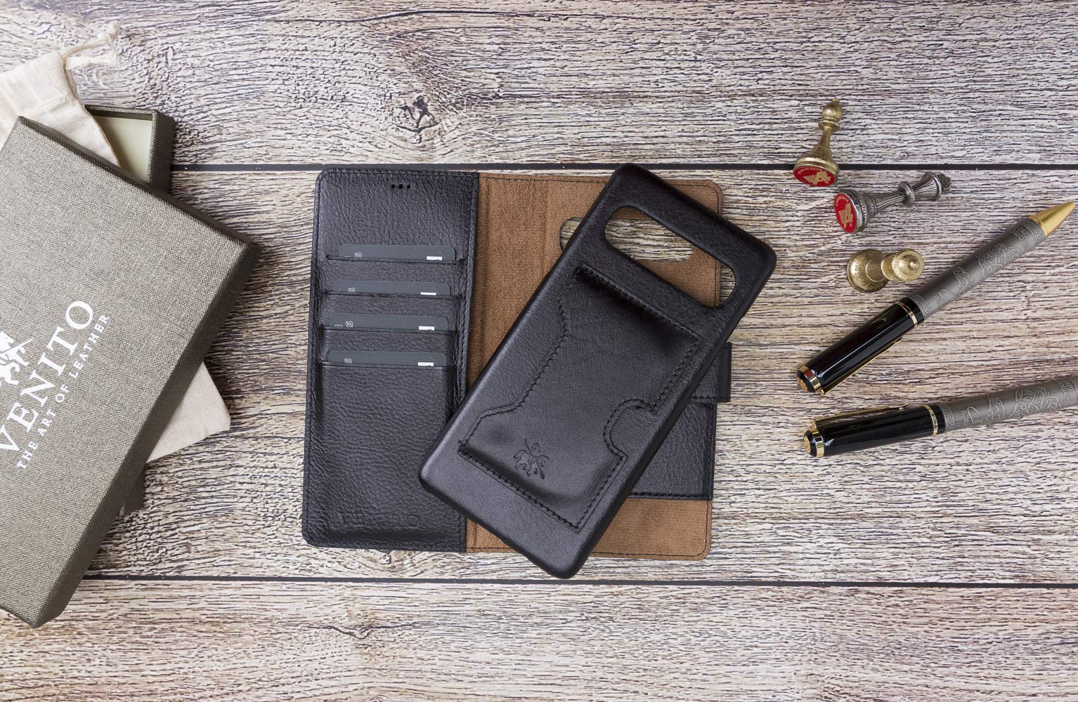 Venito Florence Genuine Leather Wallet Phone Case for Samsung Galaxy S10 5G - RFID Blocking for Security - Detachable Magnetic Wallet - Rustic Black - Perfect for Travel, Business & Everyday Use