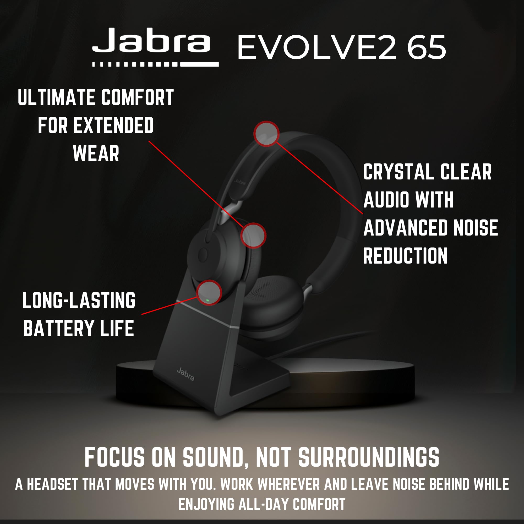 Jabra Evolve2 65 UC Wireless Bluetooth Headset with Noise-Canceling Mic - USB Dongle & Stand Included for Zoom, Webex, Teams | Crystal Clear Calls | Global Teck Gold Support Bundle | Perfect for Home Office & Remote Work Meetings