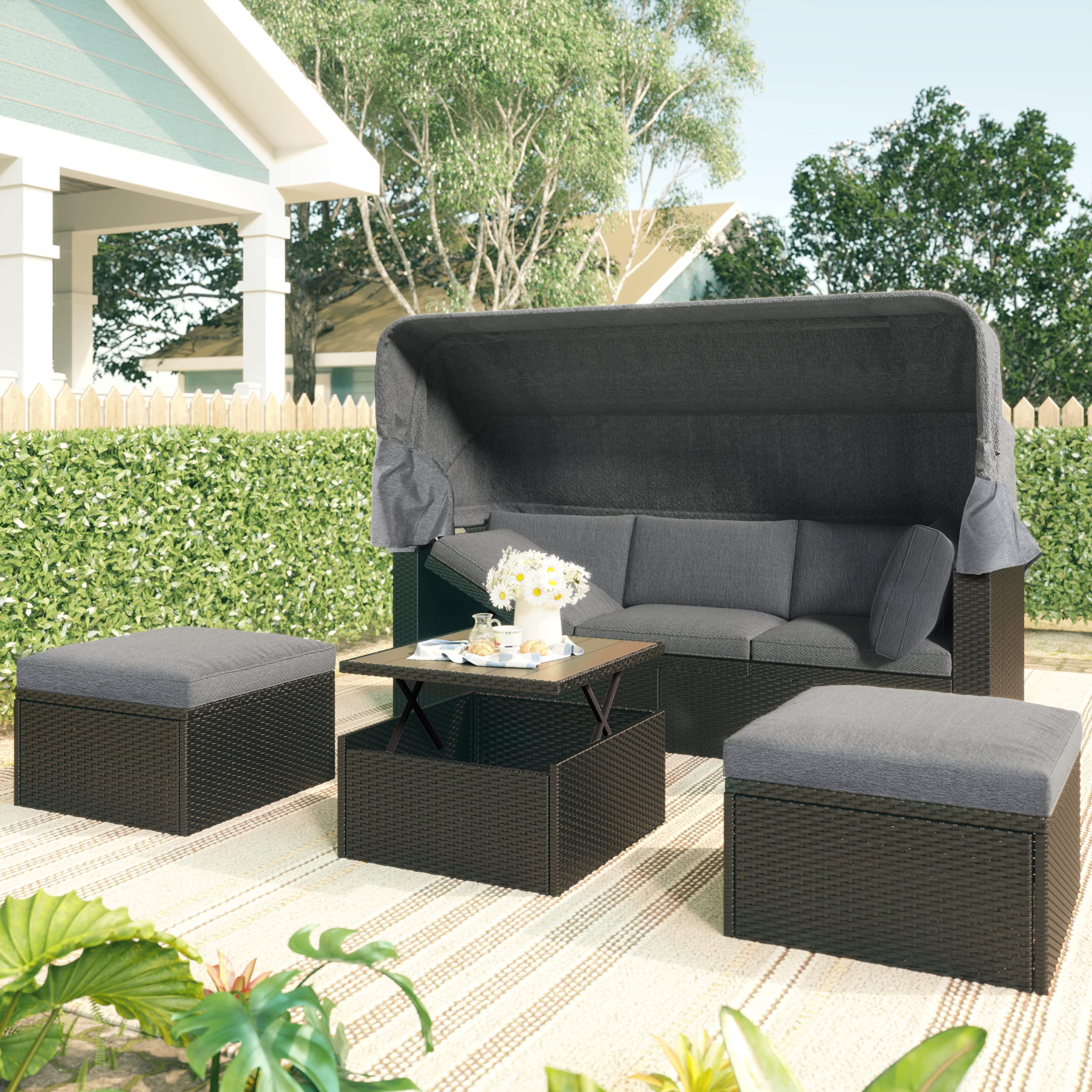 Quarte Outdoor Patio Rectangle Daybed with Retractable Canopy - All-Weather Wicker Sectional Sofa Set with Cushions & Lift Table - Perfect for Backyard, Porch, Poolside or Garden (Grey+O)
