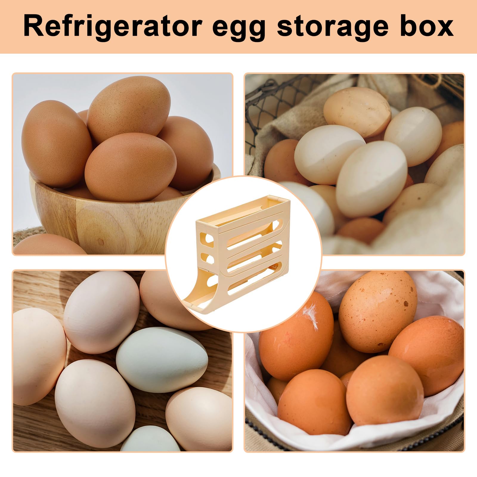 4-Tier Auto Rolling Fridge Egg Organizer - Space Saving Refrigerator Egg Holder & Dispenser - Yellow - Perfect for Kitchen Organization & Easy Breakfast Prep