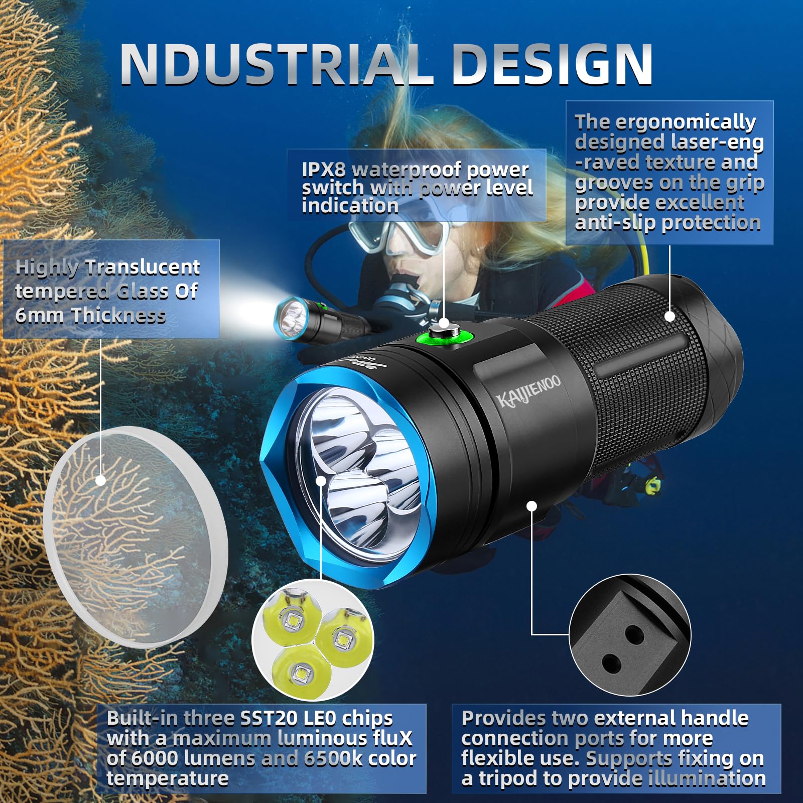 DVF06 Professional Scuba Diving Flashlight - 6000 Lumens Super Bright Underwater Video Light with 5 Modes, Power Indicator & IP68 Waterproof Rating | Includes Dual-Slot Charger & 3 Batteries | Perfect for Night Diving, Cave Exploration & Underwater Photography