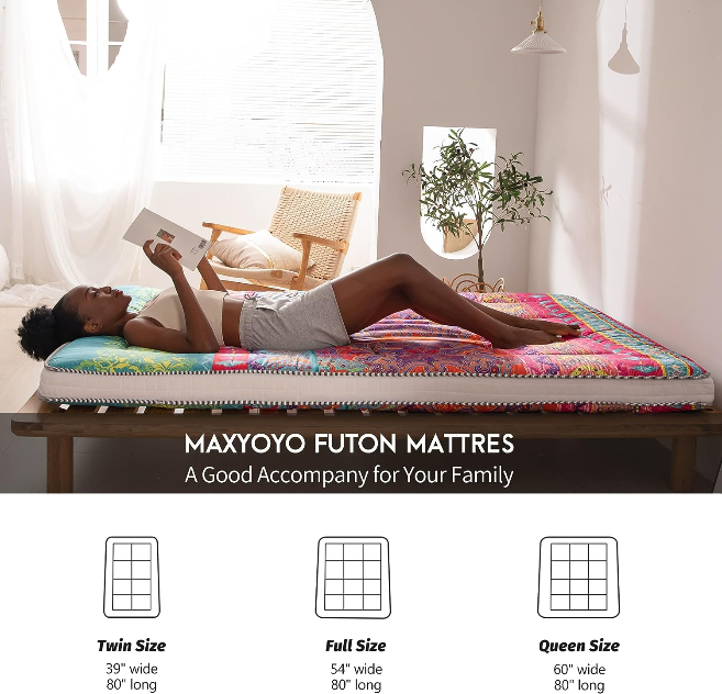 MAXYOYO Bohemian Retro Japanese Floor Mattress - Portable Roll Up Camping Mattress for Indoor/Outdoor Use - Perfect for Guest Beds, Yoga, Travel & Picnics