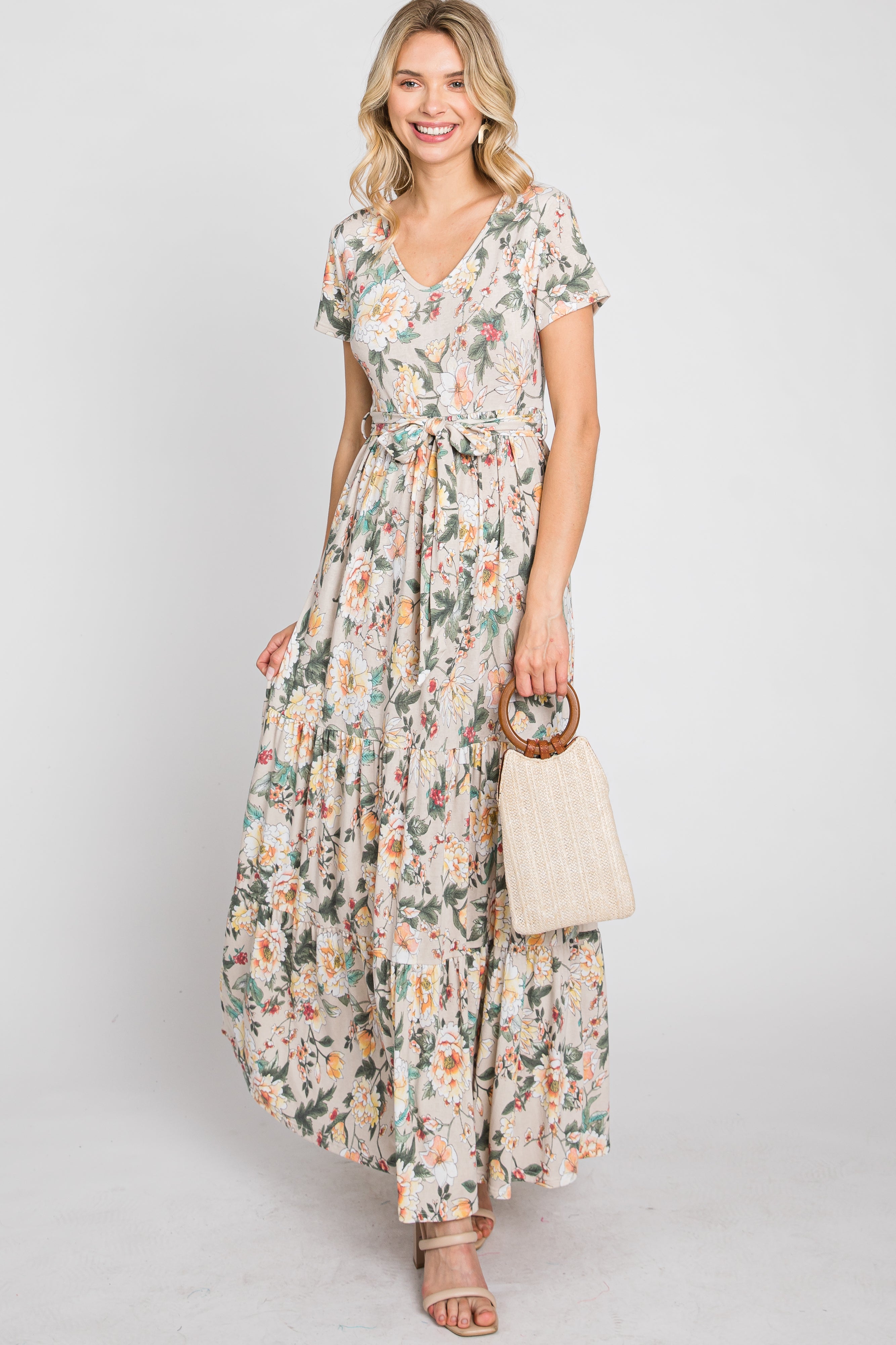 Beige Floral Tiered Maxi Dress for Women - Boho Summer Beach Dress with Pockets, Elegant Long Flowy Dress for Vacations, Weddings & Outdoor Events