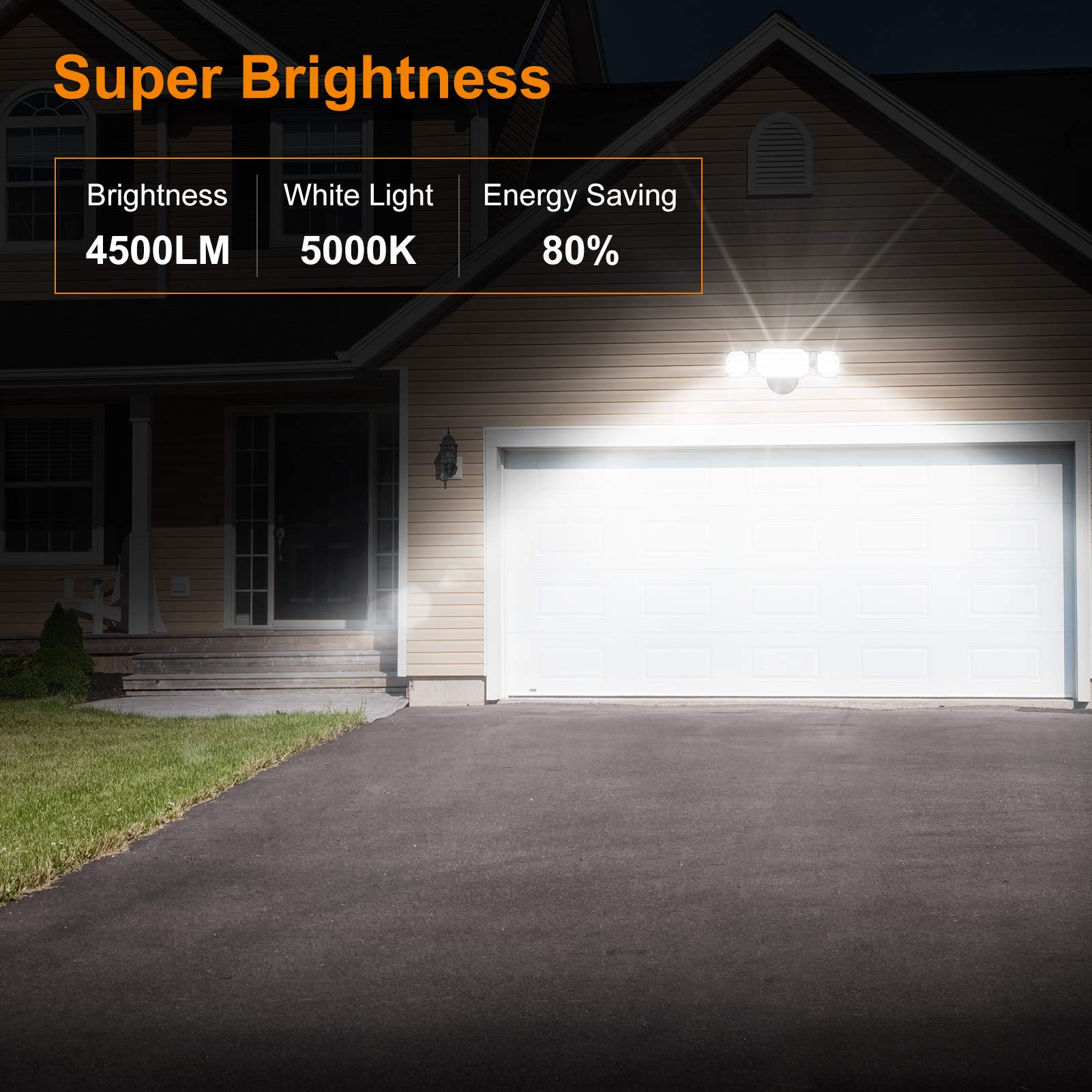 LEPOWER 45W LED Outdoor Flood Lights 4500LM, 5000K Daylight White, 3 Adjustable Heads, IP65 Waterproof, Switch Controlled - Perfect for House Exterior, Garage, Yard, Garden, and Driveway Lighting