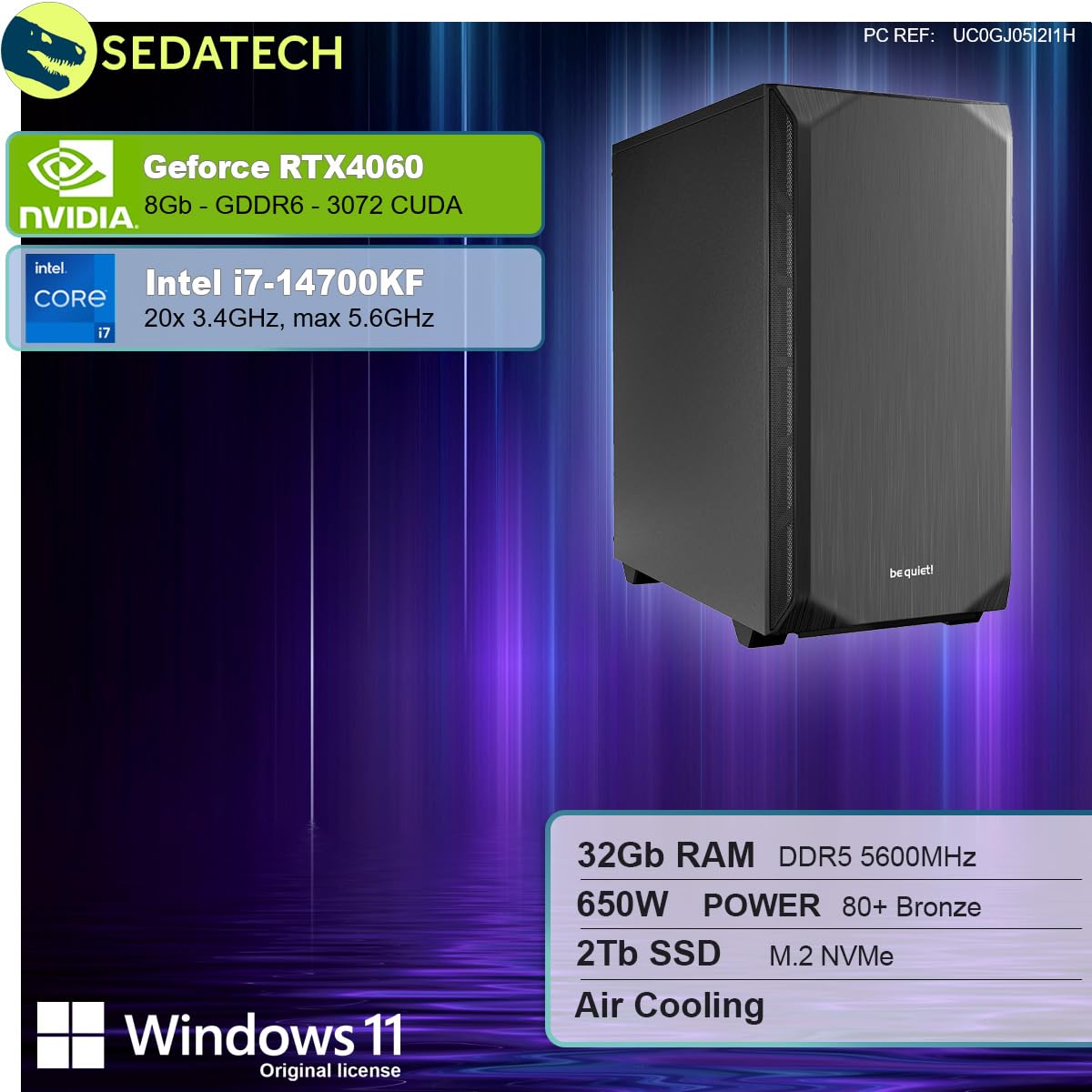 Sedatech Silent Gaming PC - Intel i7-14700KF, NVIDIA RTX 4060, 32GB DDR5 RAM, 2TB M.2 SSD, Windows 11 - Perfect for 4K Gaming, Streaming & Content Creation