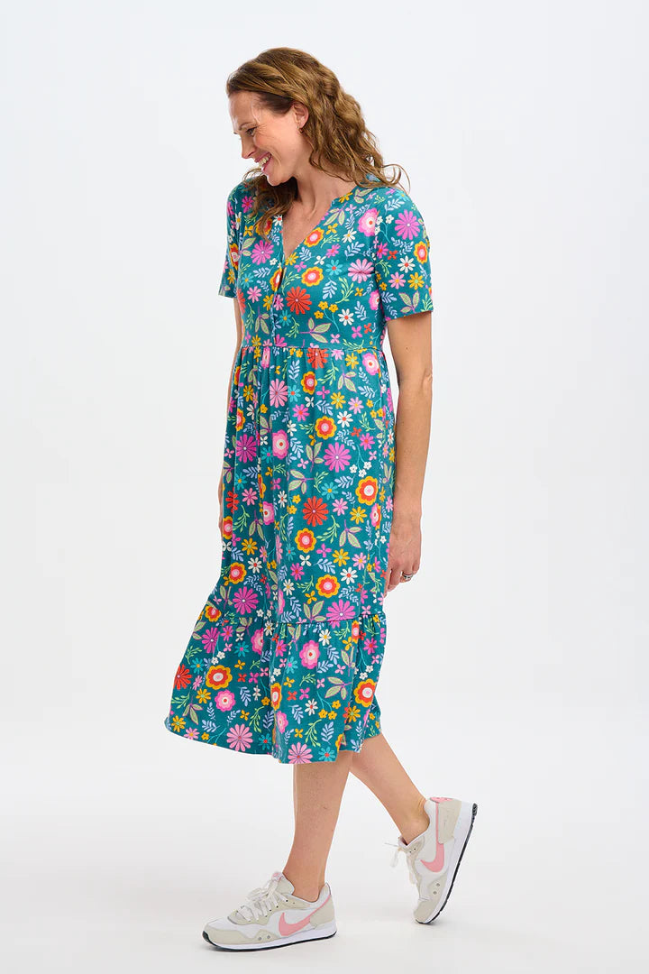 Heather Jersey Midi Smock Dress - Floral Print Tea Green Boho Style Summer Dress for Women | Perfect for Beach Vacation, Date Night & Casual Outings