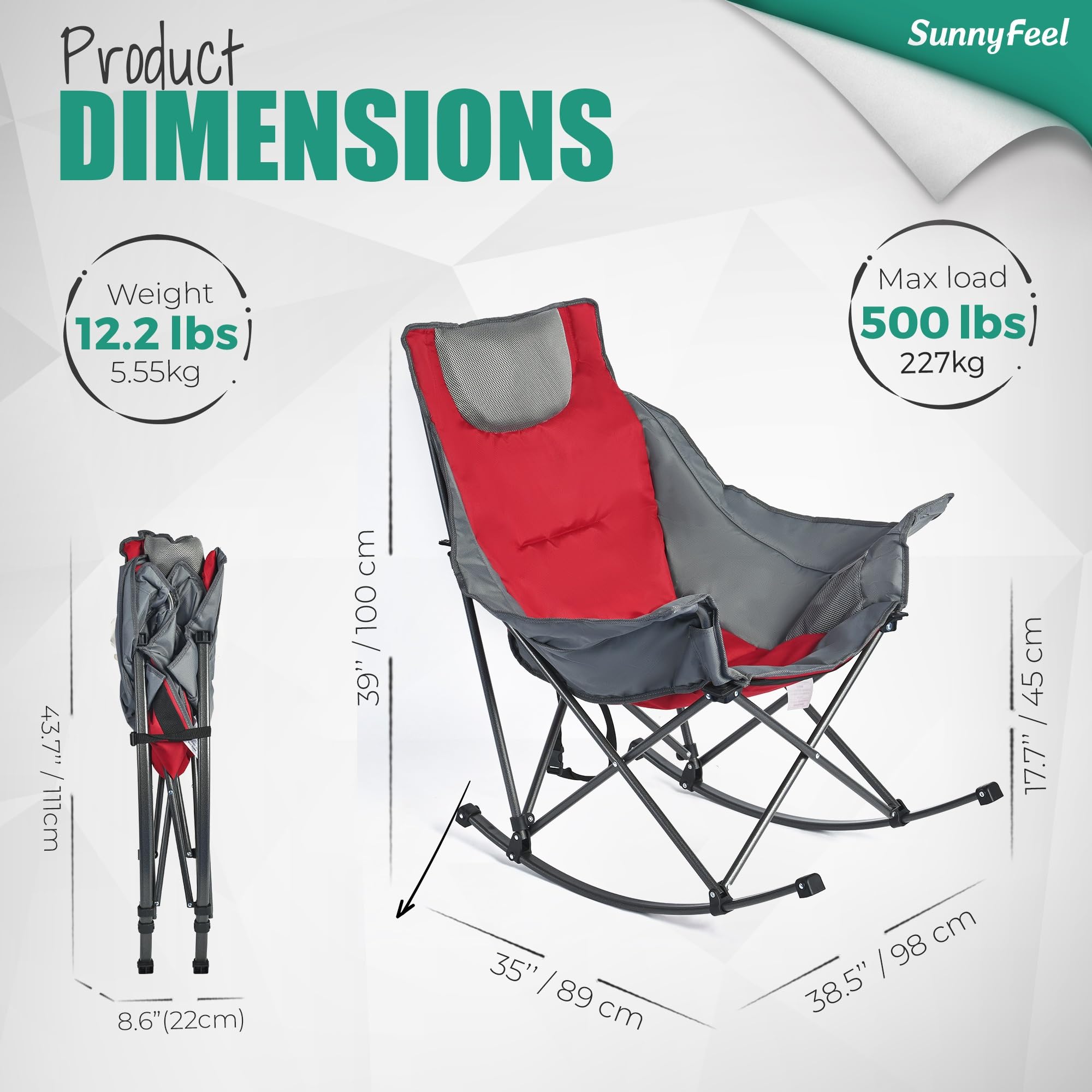 **SUNNYFEEL Premium Rocking Camping Chair - Heavy Duty Oversized Folding Recliner with Padded Seat & Storage Pocket - Portable Outdoor Lounge Chair for Camping, Picnics, Beach, Patio & Backyard Relaxation - Includes Carry Bag**