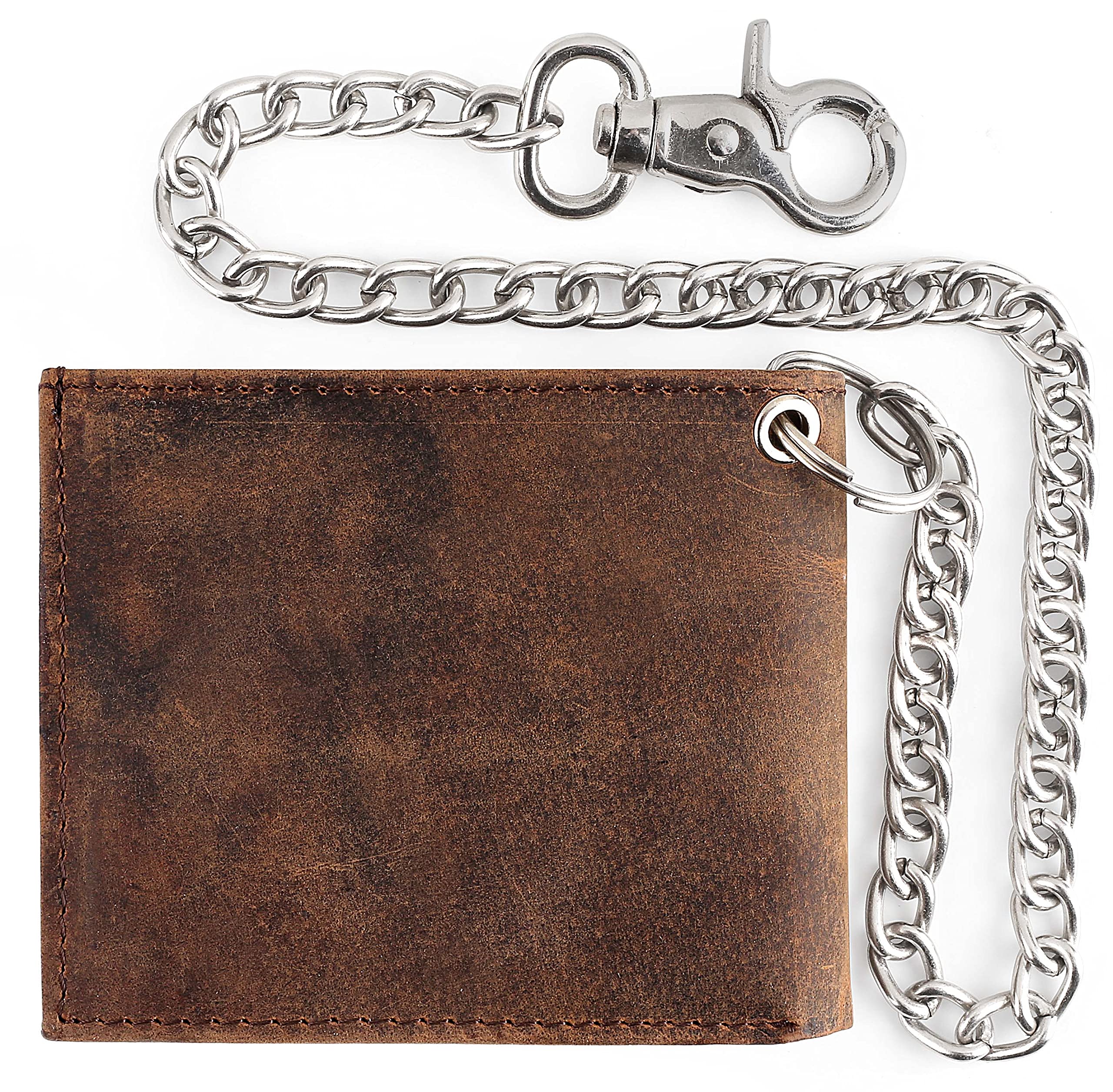 RFID Blocking Men's Bi-Fold Cowhide Leather Wallet with Steel Chain – Vintage Buffalo Leather for Travel, Daily Use & Security Protection