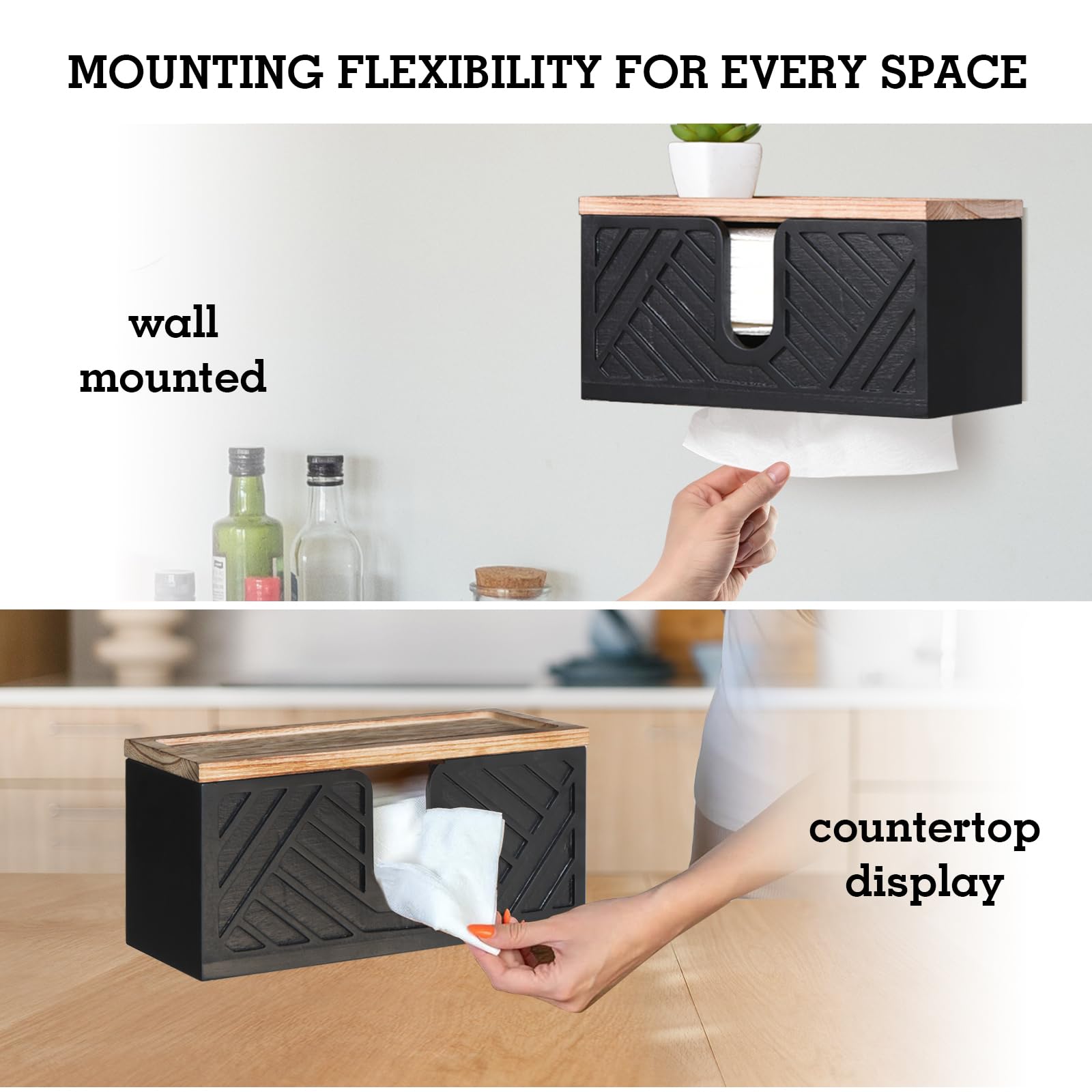 Solid Wood Paper Towel Holder Wall Mounted - Black | Kitchen & Bathroom Organizer for Easy Access & Space Saving