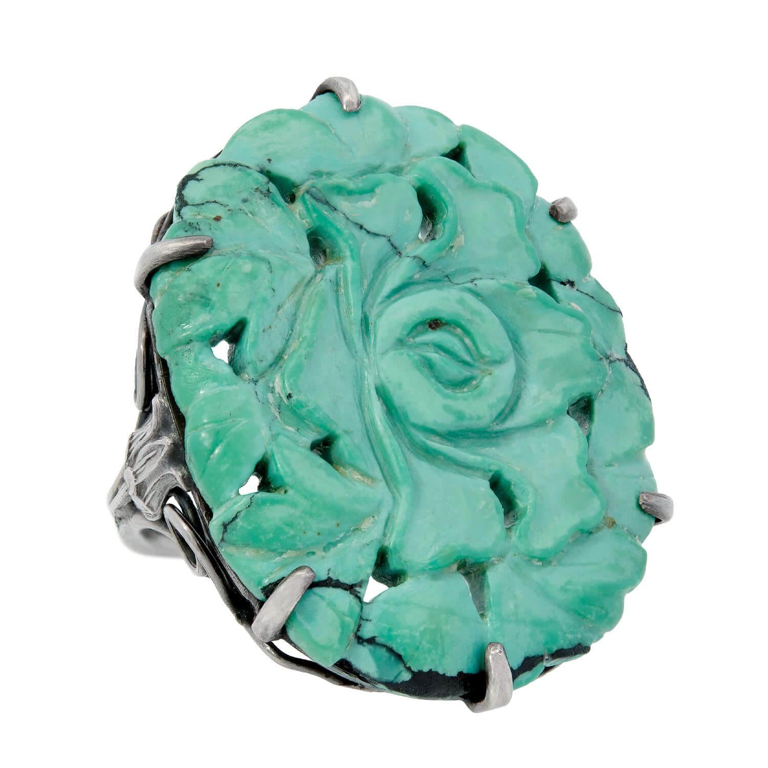 Antique Edwardian Sterling Silver Chinese Carved Turquoise Ring - Vintage Jewelry for Women, Unique Handmade Blue Gemstone Engagement Gift, Perfect for Weddings, Anniversaries & Special Occasions