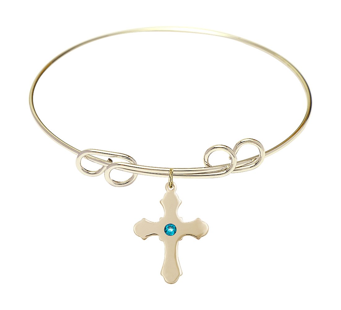 8 Inch Round Double Loop Bangle Bracelet with Cross Medal Charm & December Blue Crystal - Elegant Jewelry for Women, Gift for Christmas, Birthday, Anniversary, Party & Special Occasions