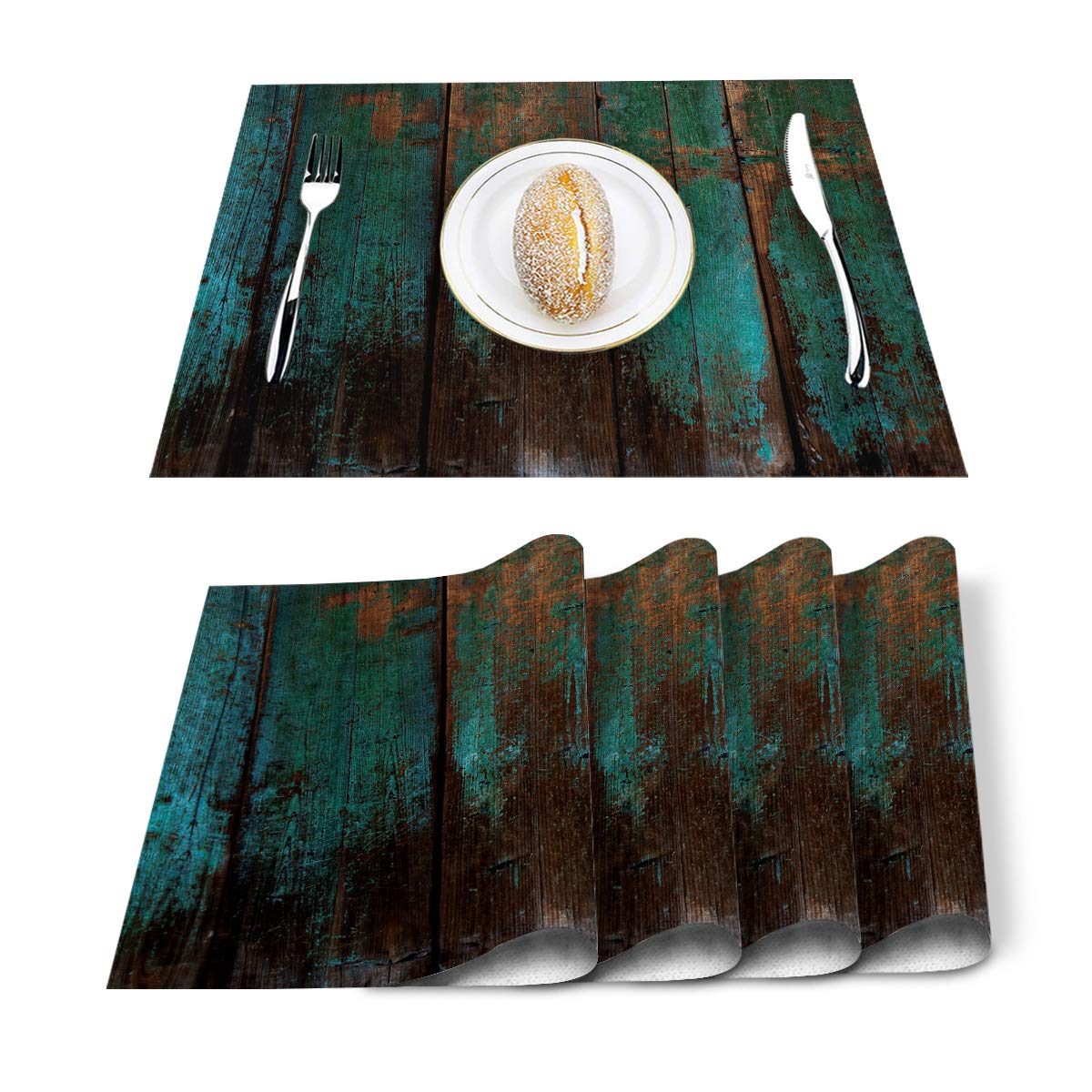 Vandarllin Set of 6 Rustic Distressed Barn Wood Placemats - Stain Resistant, Washable Polyester Table Mats for Kitchen & Dining Room - Teal Green Home Decor (Perfect for Farmhouse Style Dining, Holiday Gatherings & Everyday Use)