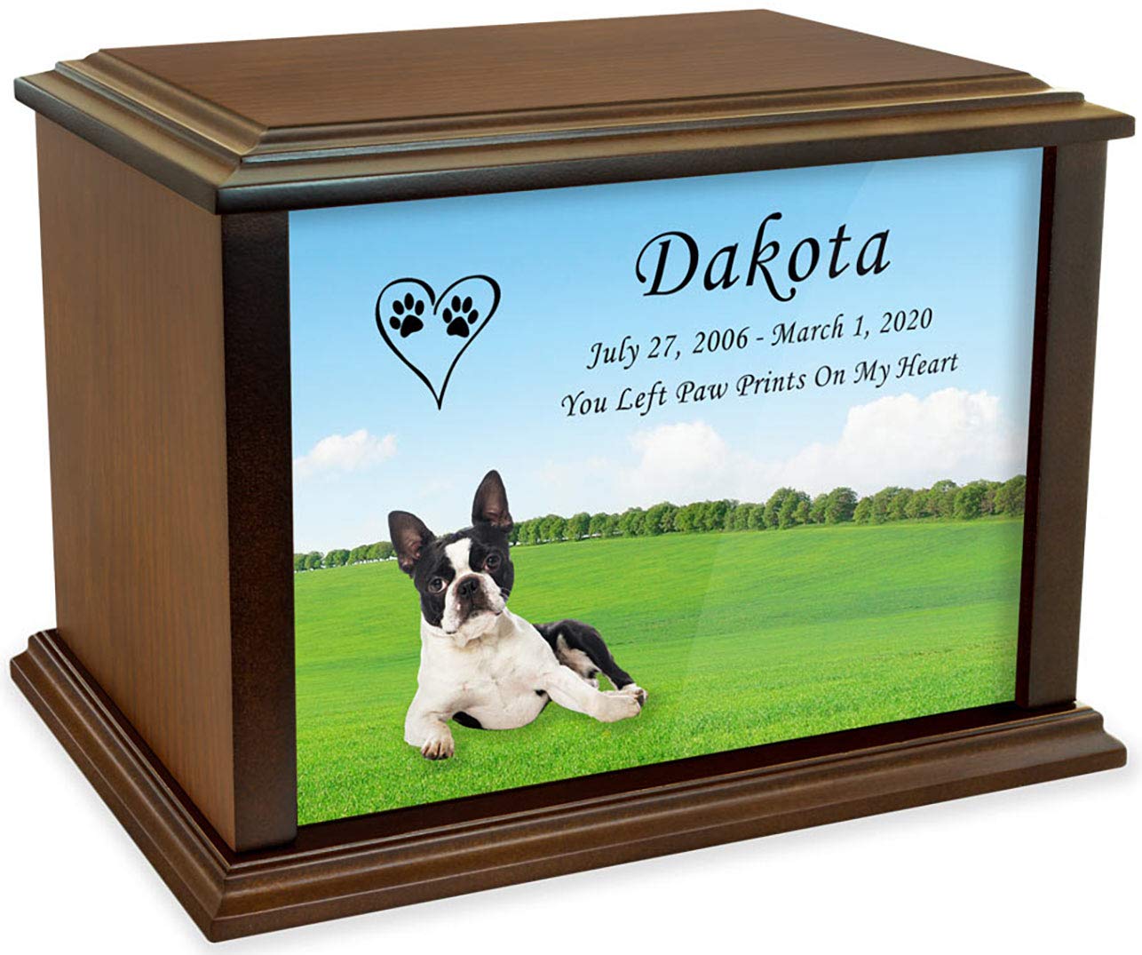 **Personalized Boston Terrier Pet Memorial Urn - Custom Engraved Wooden Cremation Urn for Ashes - Large Size Holds Pets Up to 225lbs - Perfect for Home Memorials or Pet Graves**