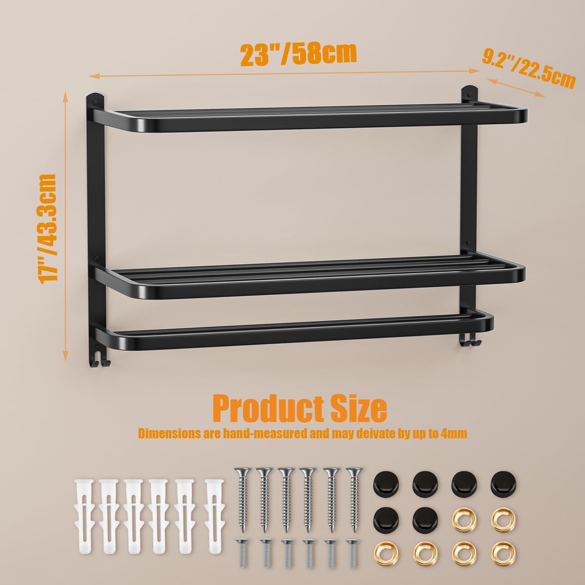 DDS-DUDES 3-Tier Black Stainless Steel Wall-Mounted Bathroom Towel Rack with Shelves - 23 Inch Multilayer Towel Holder for Hotel & Home Use - Matte Finish for Modern Bathroom & Spa Decor