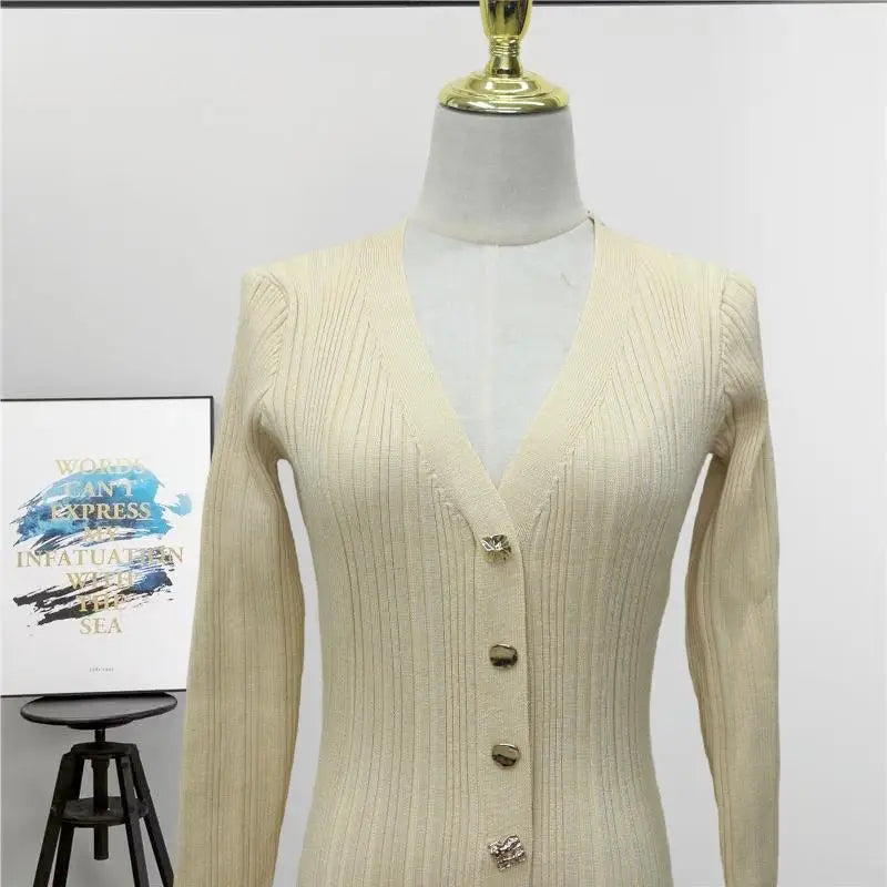 2024 French Elegant Black V-Neck Single Breasted Knitted Dress for Women - Long Sleeve Fishtail Beige Winter Dress | Perfect for Office, Party & Holiday Events