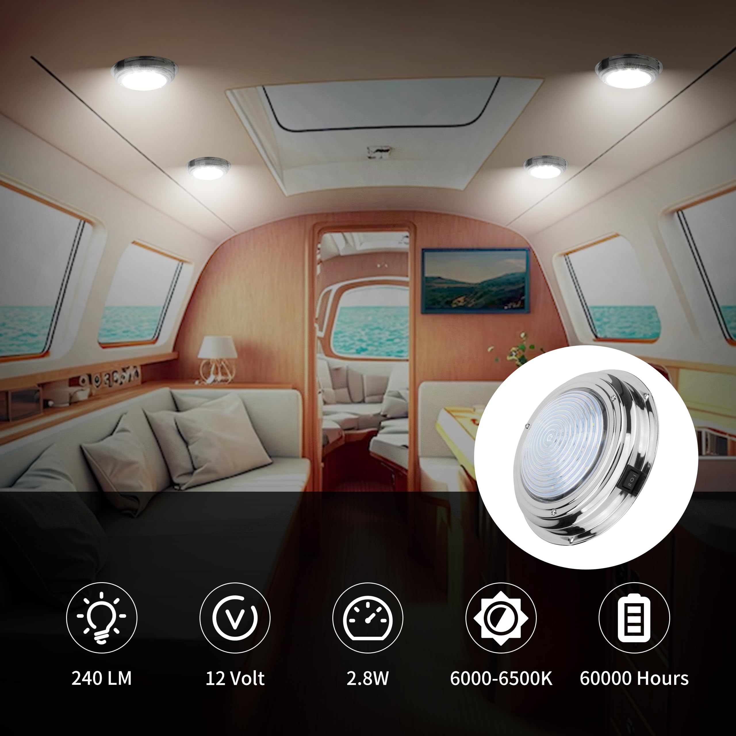12V LED Marine Boat Dome Light with Toggle Switch - 7