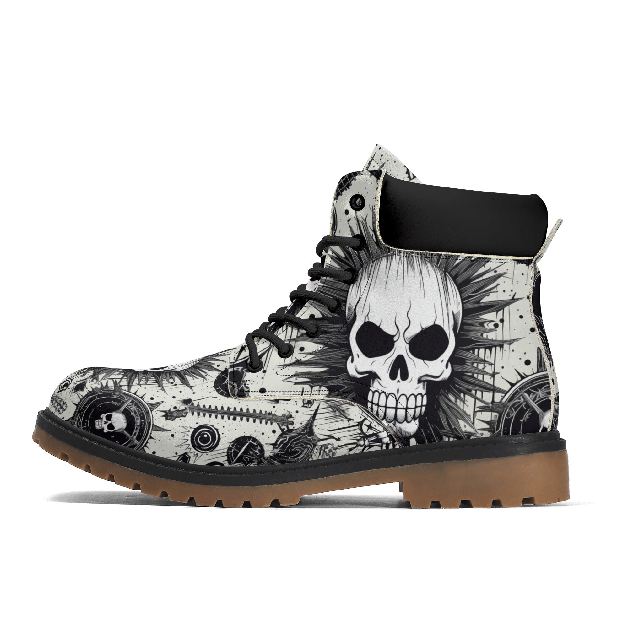Punk Rock Skull Leather Brown Outsole All Season Boots for Men & Women - Gothic Fashion, Motorcycle Riding, Halloween Costume, Streetwear