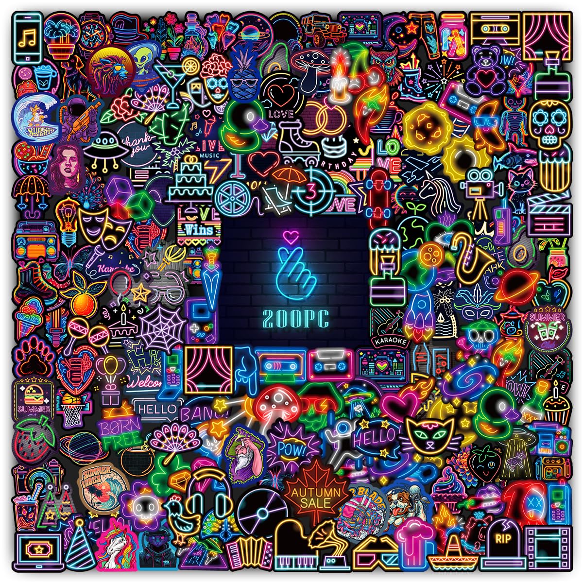 200pcs Neon Stickers - Waterproof Vinyl Decals for Water Bottles, Skateboards, Laptops, Luggage - Cool Sticker Pack for Teens, Kids & Adults - Perfect for DIY Crafts, Christmas Party Favors & Personalizing Belongings