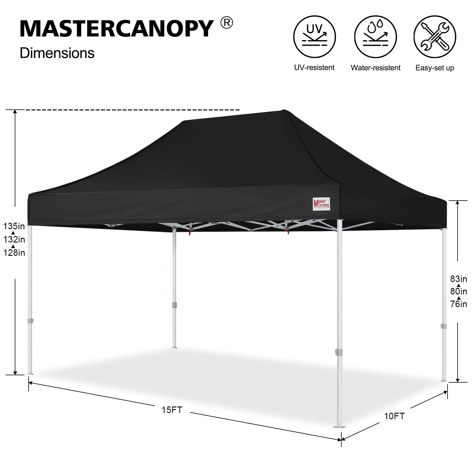 MASTERCANOPY 10x15 Premium Heavy Duty Commercial Pop Up Canopy Tent with Sidewalls - Waterproof Instant Shelter for Outdoor Events, Farmers Markets, Camping & Backyard Parties (10x15 Black)