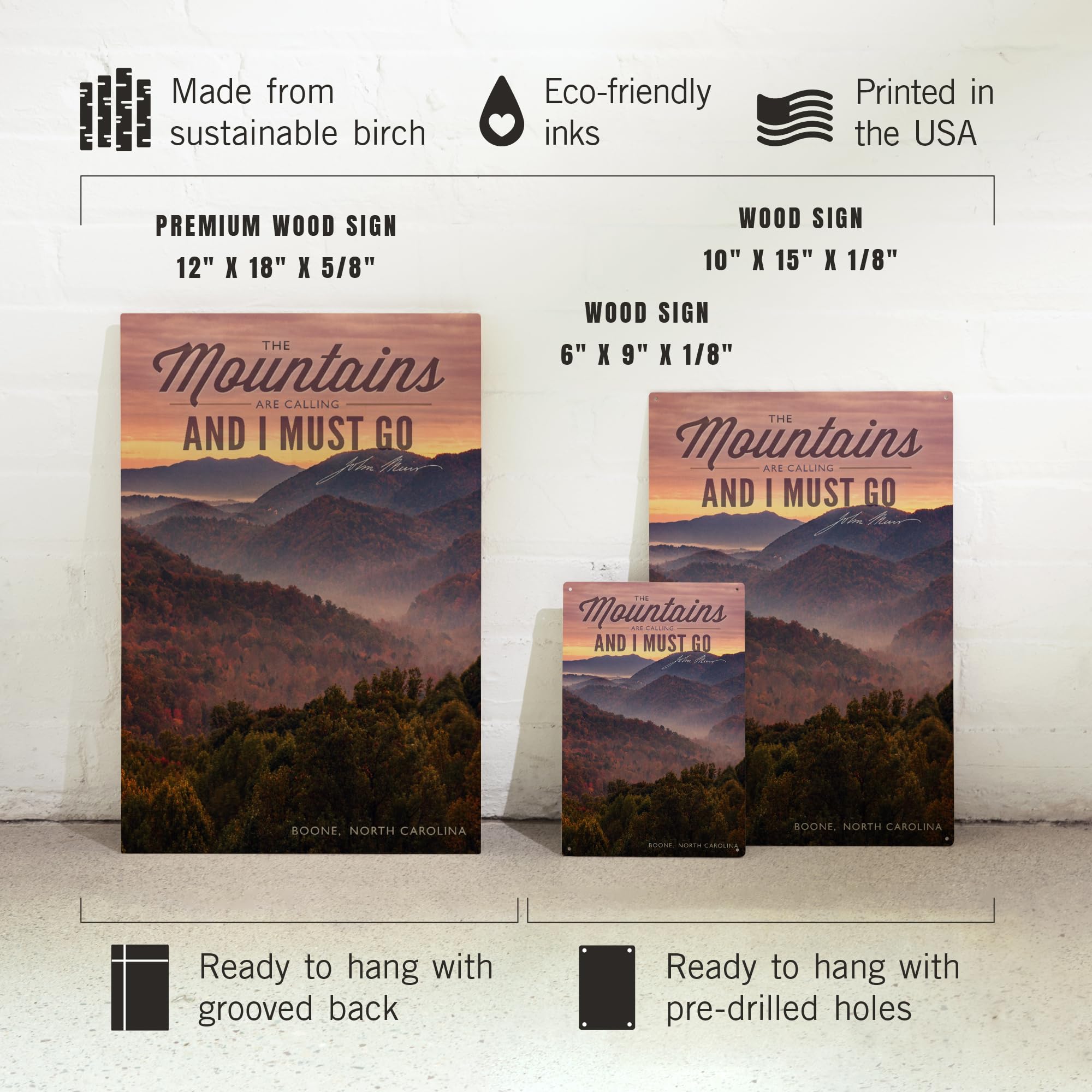 Lantern Press 12x18 Inch Premium Wood Wall Sign - Ready to Hang Home Decor with John Muir Quote 'The Mountains Are Calling' - Boone North Carolina Sunset Art - Perfect for Cabin, Living Room, or Office Wall Decor