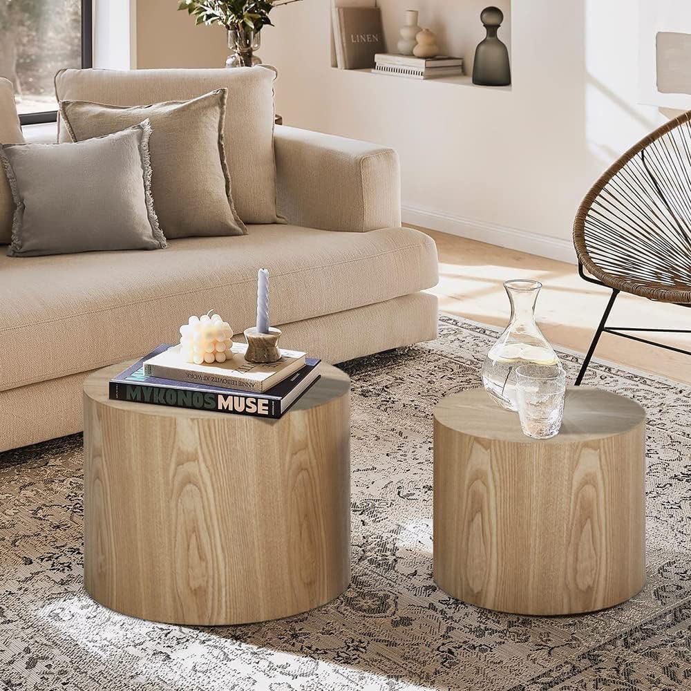 Modern Round Nesting Coffee Table Set of 2 - Solid Oak Wood with Non-Slip Feet - Space-Saving Accent Tables for Living Room, Bedroom, Office & Balcony - Perfect as Side Table, Drum Table or Small Space Decor