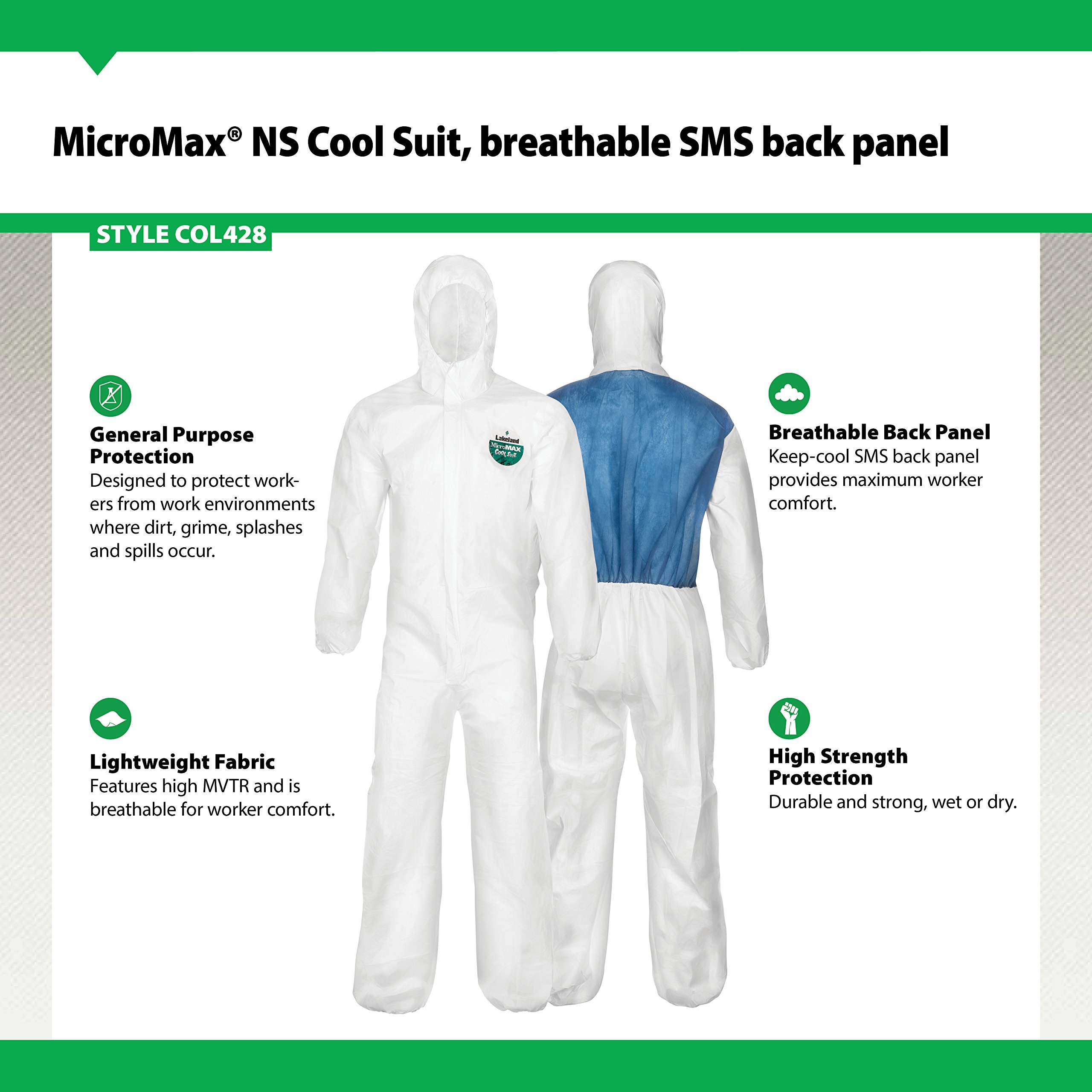 Lakeland MicroMax NS Cool Suit Microporous Disposable Coverall with Hood & Elastic Cuffs - 5XL White (Pack of 25) - Ideal for Industrial Work, Chemical Protection & Hazardous Environments
