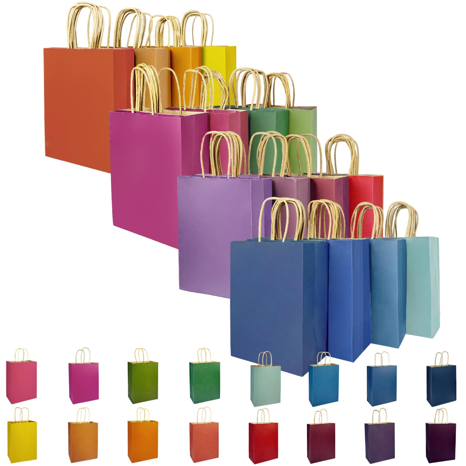 qiqee 32-Pack Small Gift Bags with Handles - 8.26×6×3.15 Inches - 16 Vibrant Colors for Party Favors, Wedding, Birthday & Retail Packaging - Eco-Friendly Kraft Paper Bags Bulk