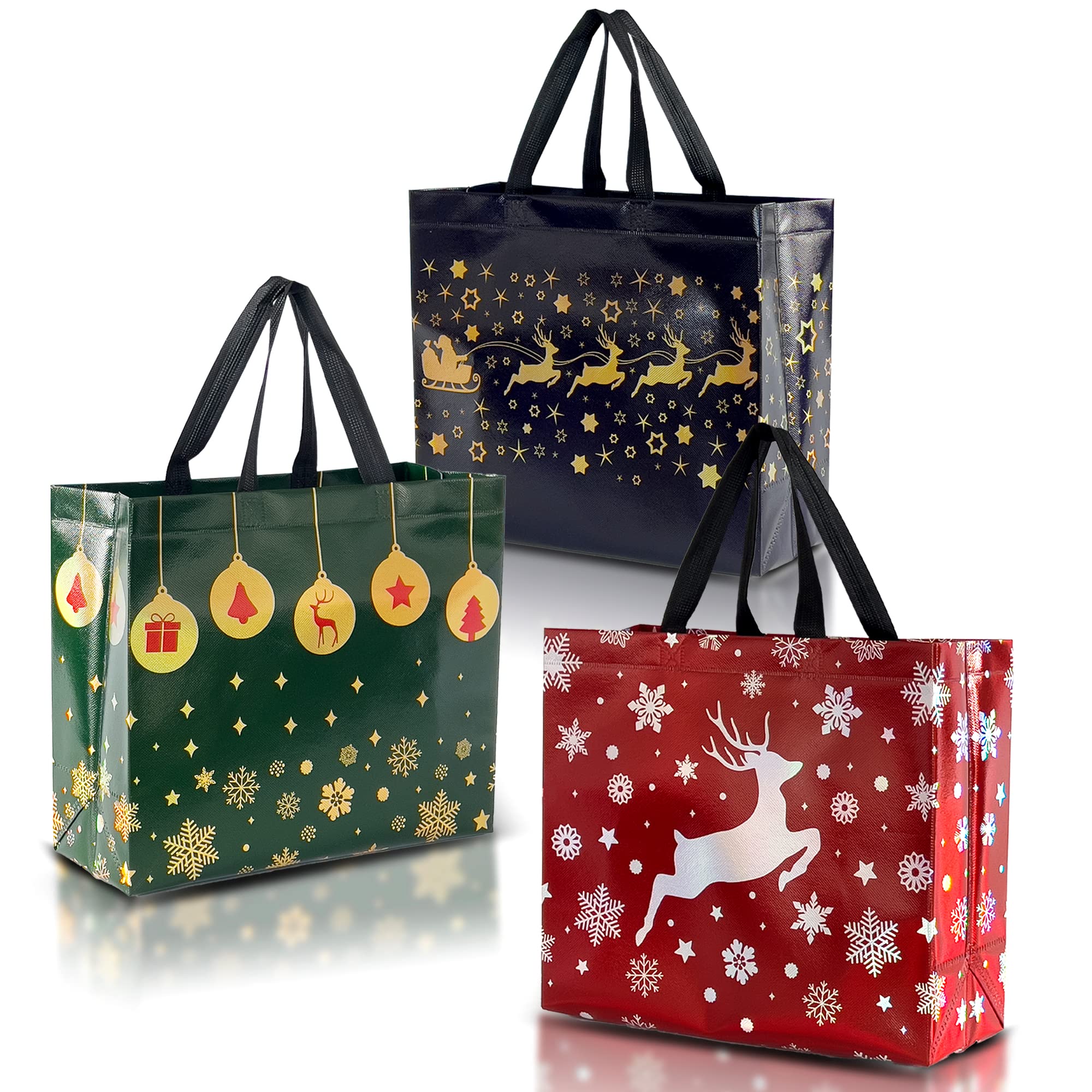 Nush Nush Christmas Gift Bags - 12 Pack Reusable Holiday Gift Bags with Handles, 13x5x11 Inch Large Size - Festive Mix of Red, Green & Navy Blue for Christmas Presents, Party Favors, Goodie Bags | Perfect for Holiday Gifting, Office Parties & Family Celebrations