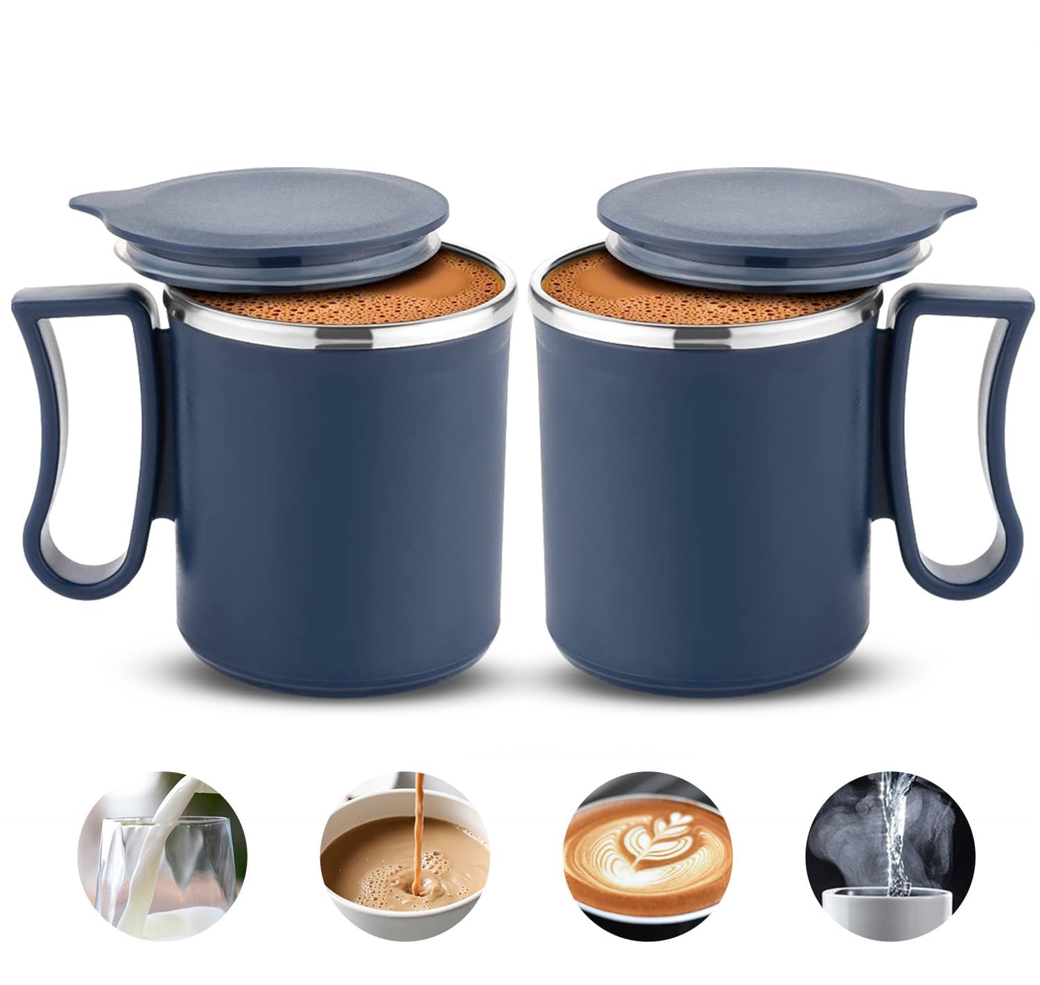 Premium Stainless Steel Coffee Mug with Lid - Double Wall Insulated Travel Mug for Hot & Cold Drinks - Ideal for Tea, Coffee, Milk - Perfect for Home, Office, Camping & Gifts (Set of 2)