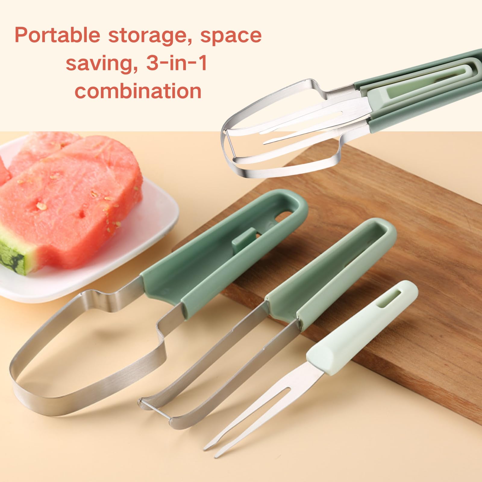 2024 New 3-in-1 Watermelon Slicer & Fork - Stainless Steel Fruit Cutting Tool for Camping, Picnics & Kitchen | Portable Melon Cutter with Easy Storage | Perfect for BBQs, Parties & Outdoor Adventures (1PC)